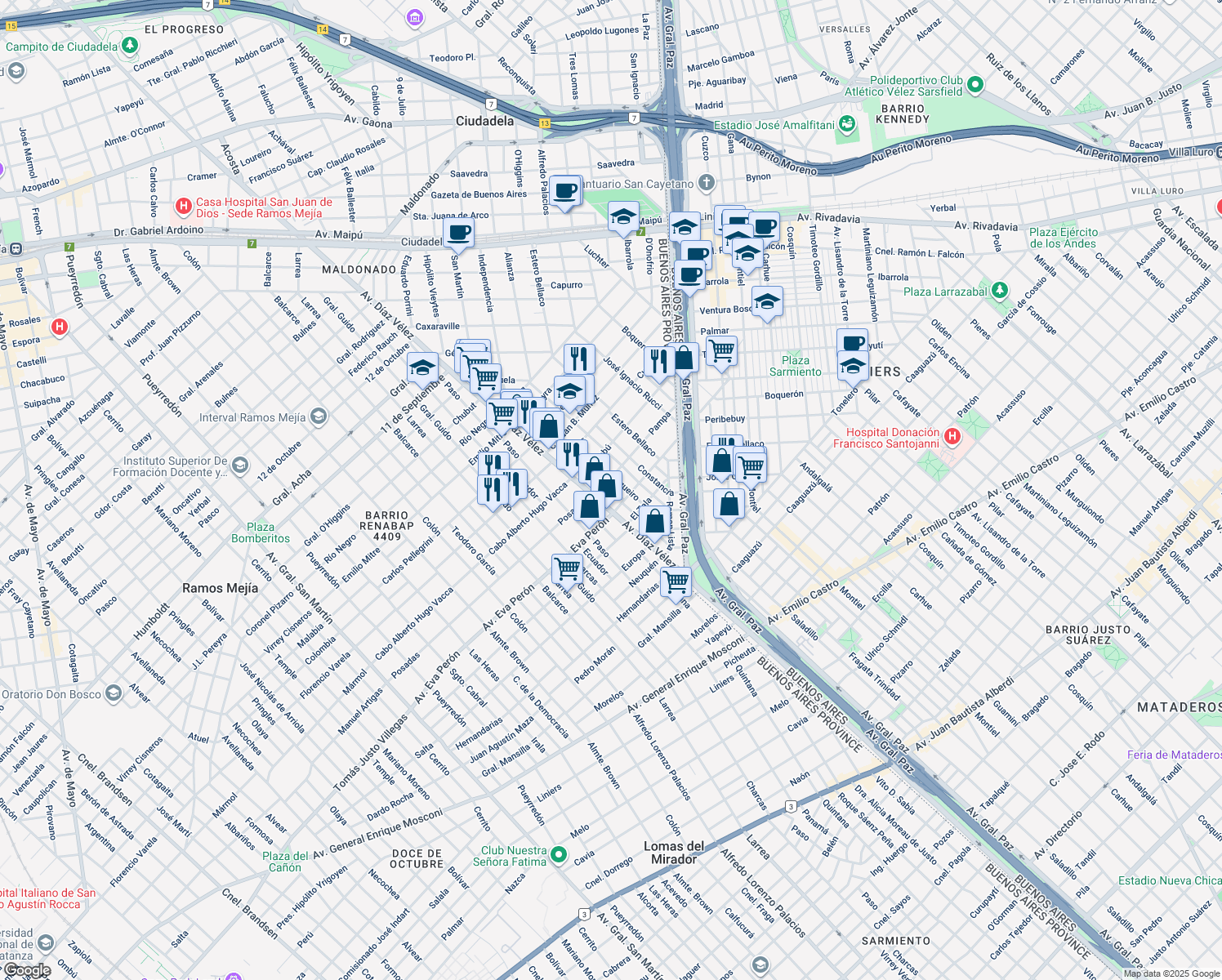 map of restaurants, bars, coffee shops, grocery stores, and more near 1226 Independencia in Ciudadela