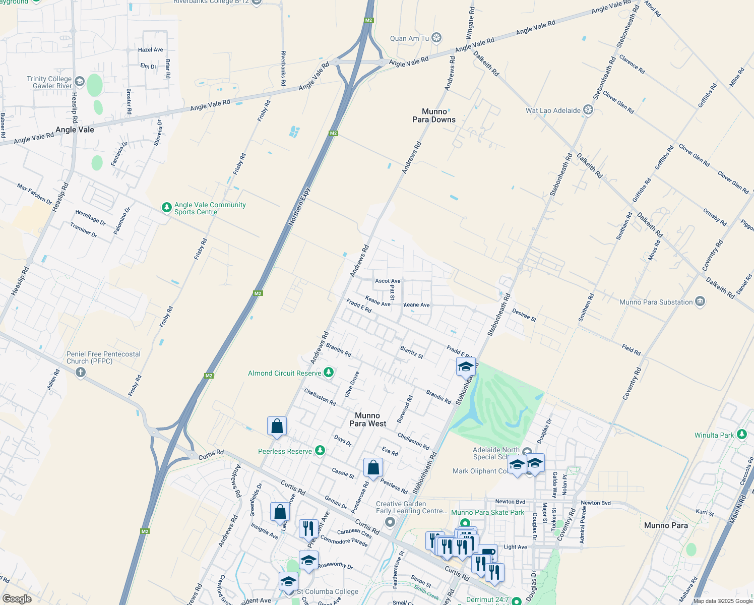 map of restaurants, bars, coffee shops, grocery stores, and more near Keane Avenue in Munno Para West