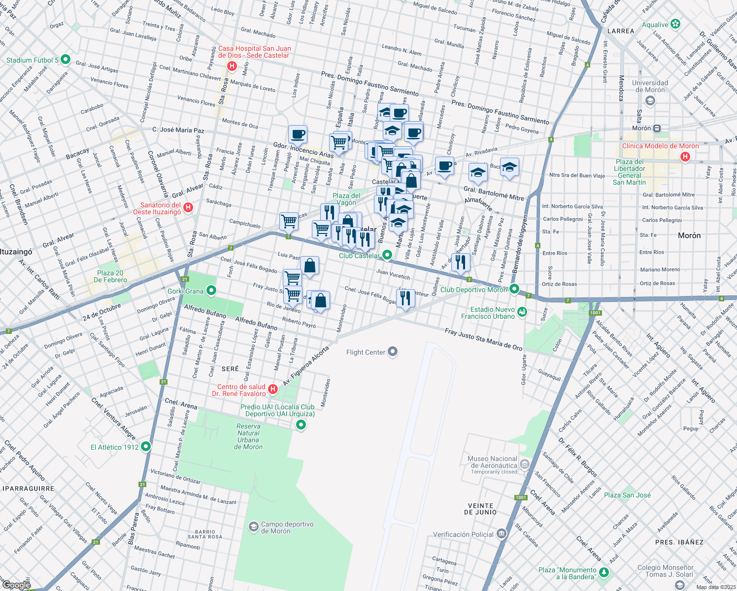map of restaurants, bars, coffee shops, grocery stores, and more near 1107 Buenos Aires in Castelar