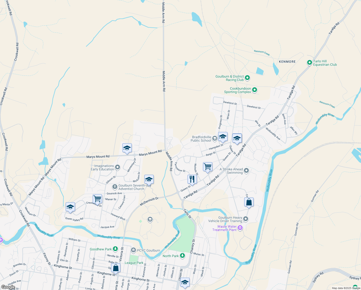 map of restaurants, bars, coffee shops, grocery stores, and more near 14 Amaroo Place in Goulburn