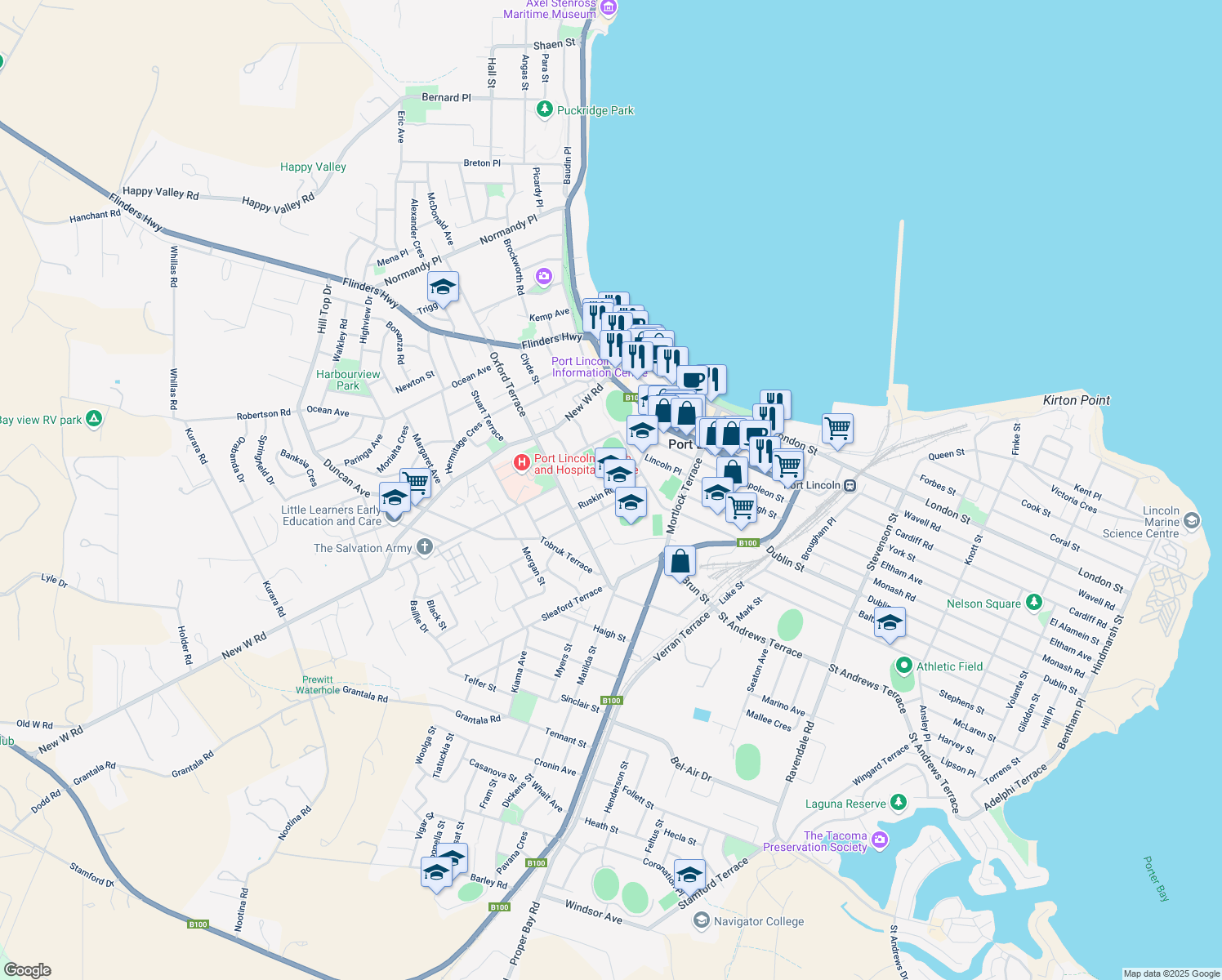 map of restaurants, bars, coffee shops, grocery stores, and more near Ruskin Rd in Port Lincoln