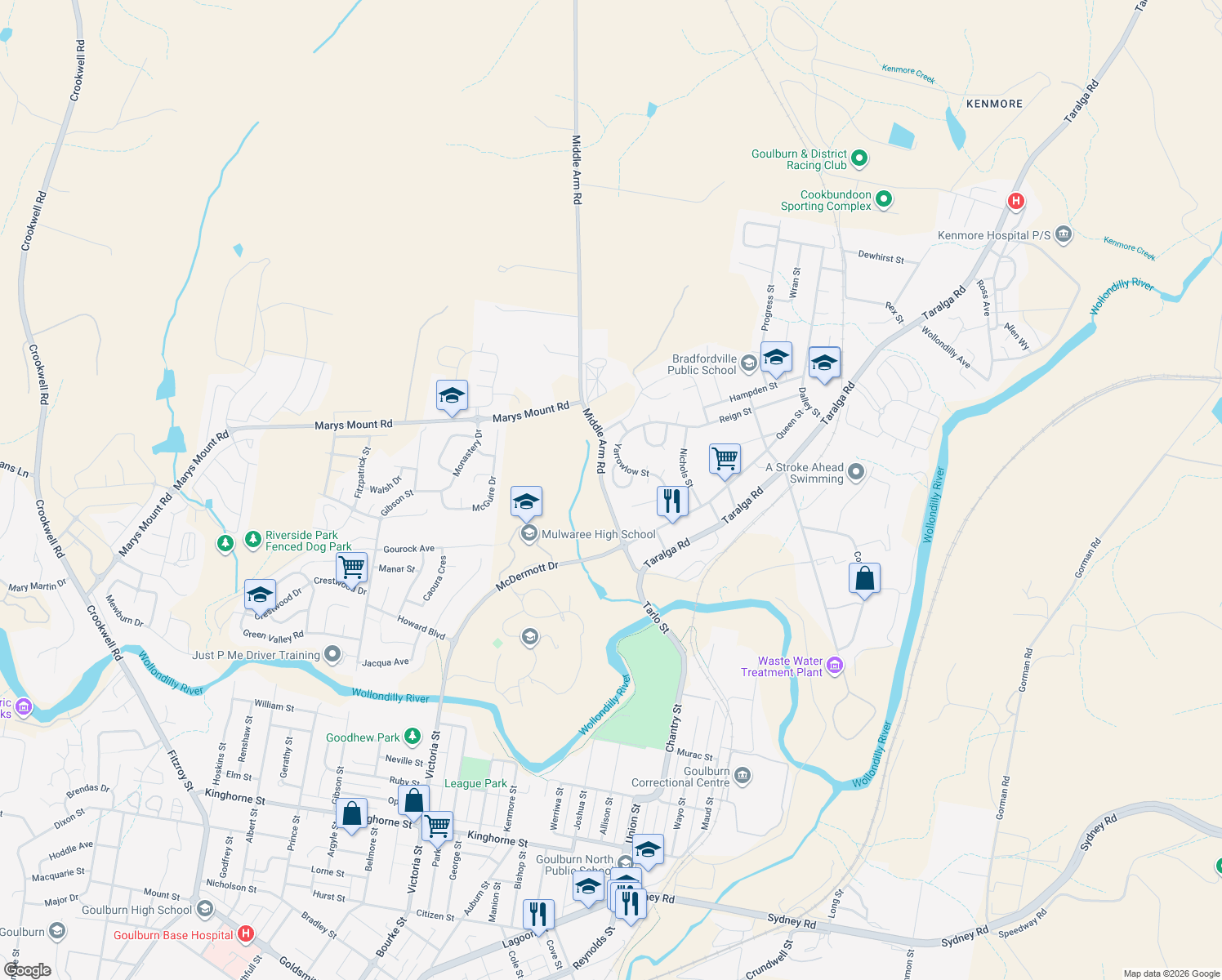map of restaurants, bars, coffee shops, grocery stores, and more near 20 Strathallan Crescent in Goulburn