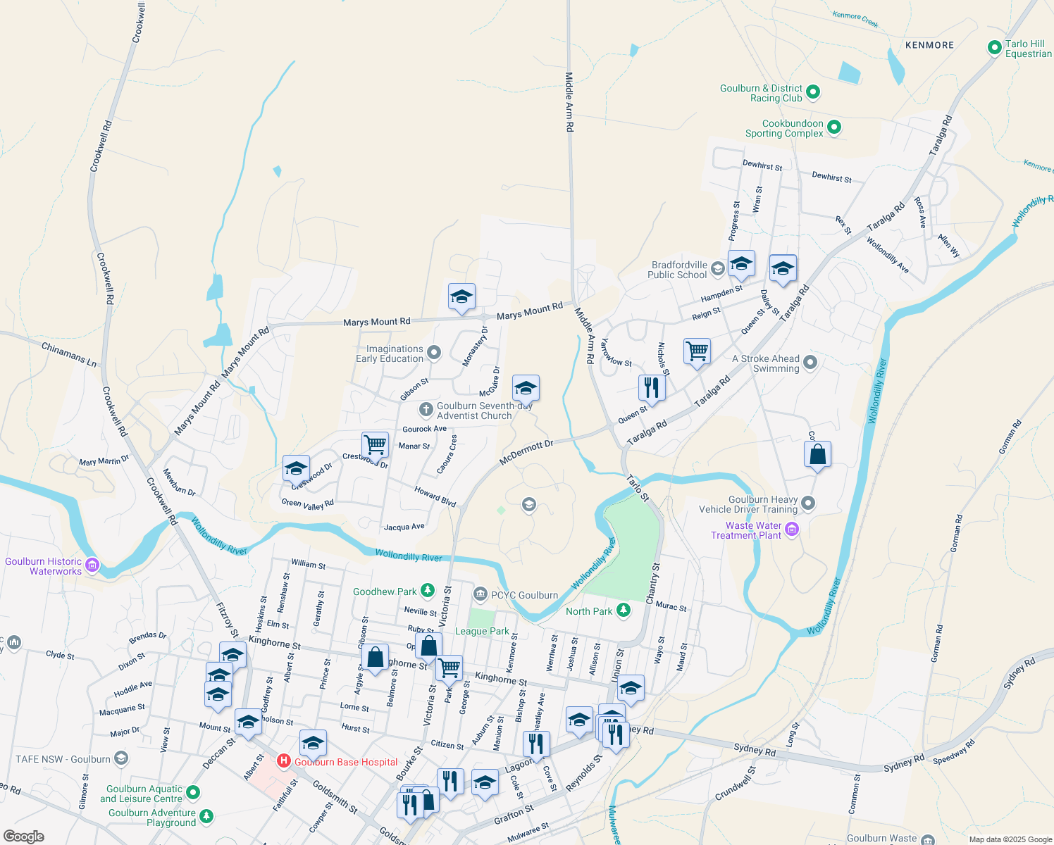 map of restaurants, bars, coffee shops, grocery stores, and more near 40 McDermott Drive in Goulburn