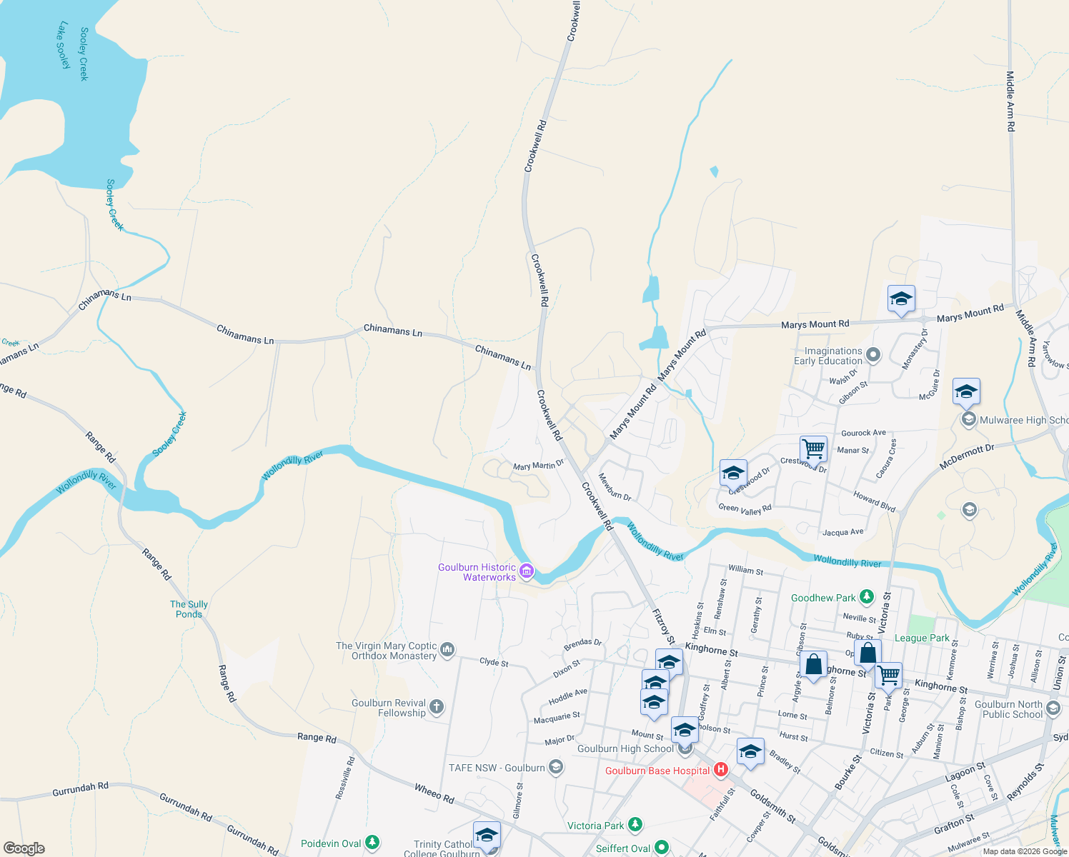 map of restaurants, bars, coffee shops, grocery stores, and more near 13 Oxley Crescent in Goulburn
