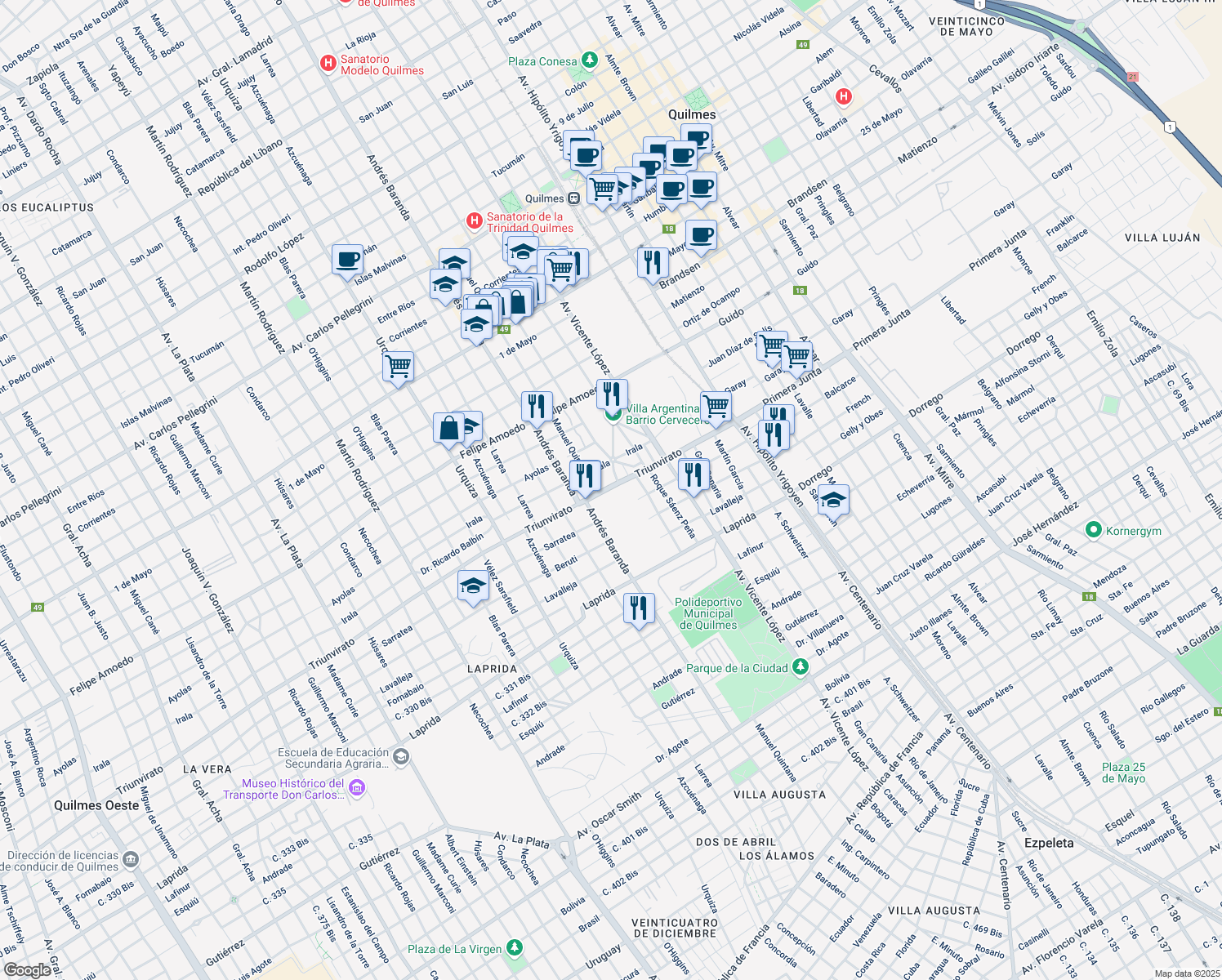 map of restaurants, bars, coffee shops, grocery stores, and more near 545 Sarratea in Quilmes