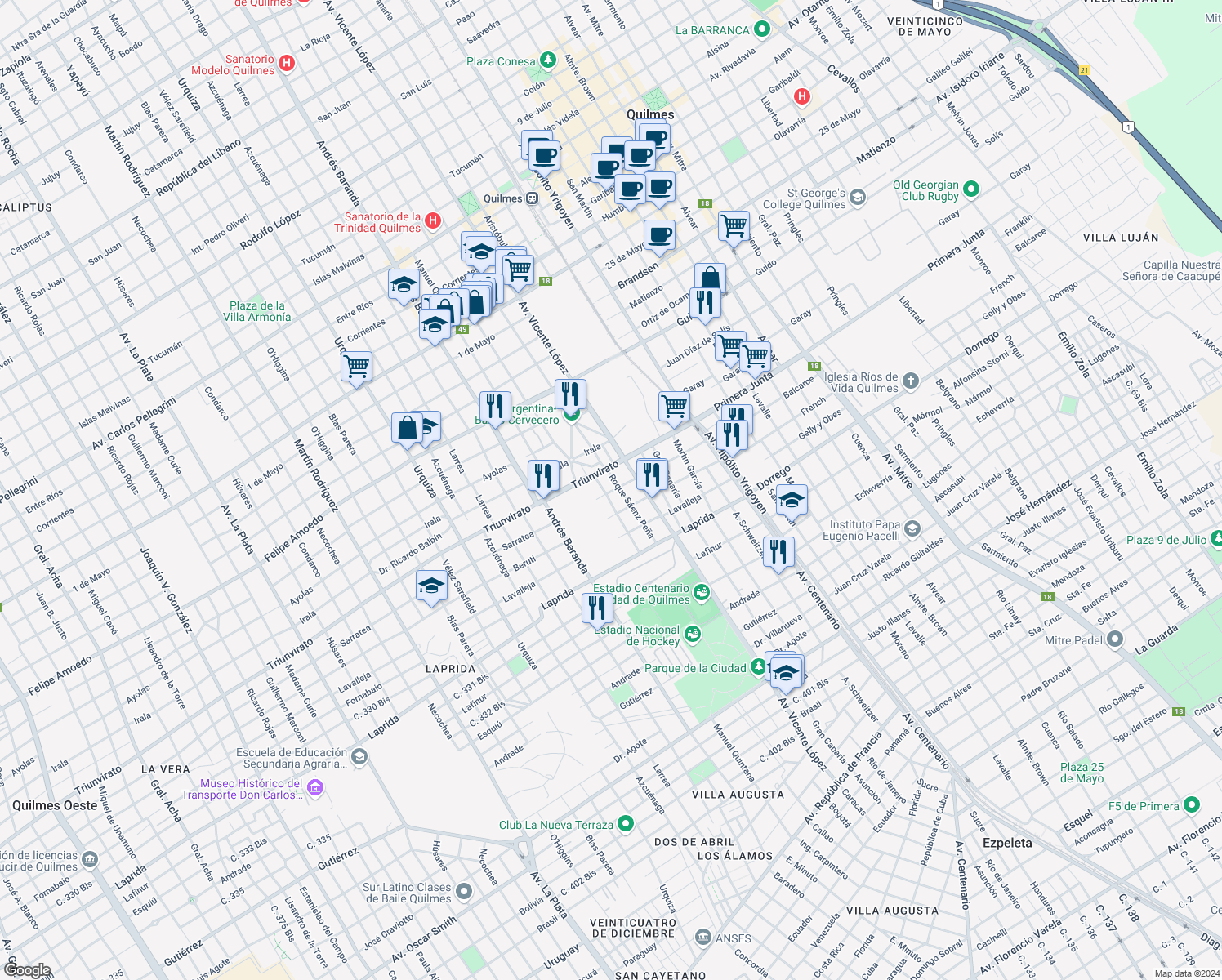 map of restaurants, bars, coffee shops, grocery stores, and more near 545 Sarratea in Quilmes