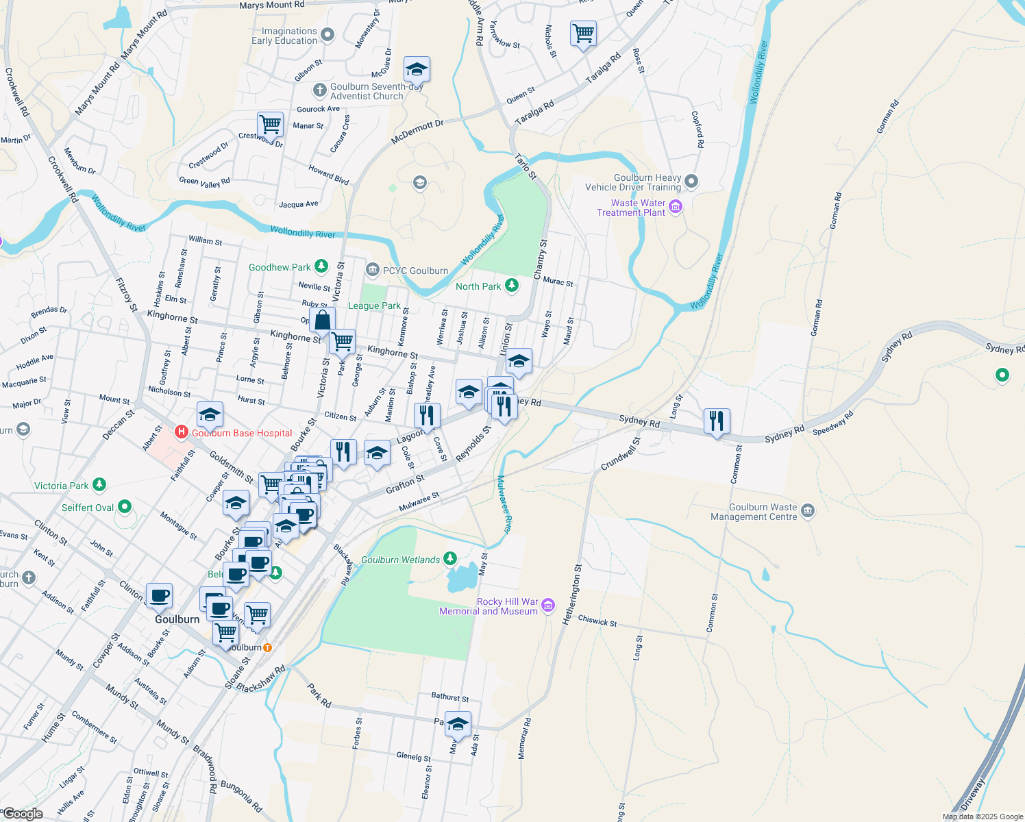 map of restaurants, bars, coffee shops, grocery stores, and more near 71 Reynolds Street in Goulburn