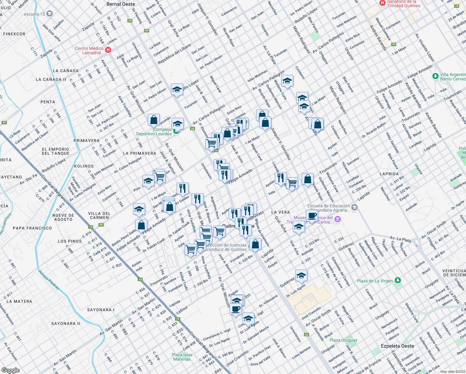 map of restaurants, bars, coffee shops, grocery stores, and more near 2863 Madres de Plaza de Mayo in Quilmes Oeste
