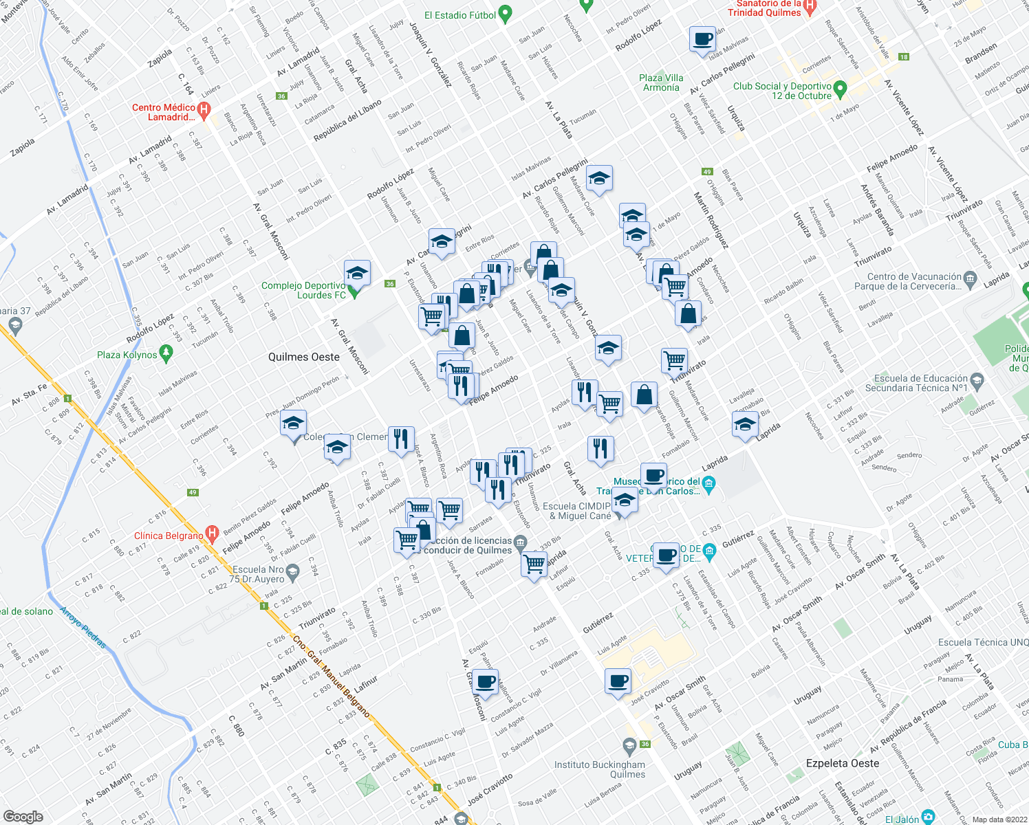 map of restaurants, bars, coffee shops, grocery stores, and more near 2863 Madres de Plaza de Mayo in Quilmes Oeste