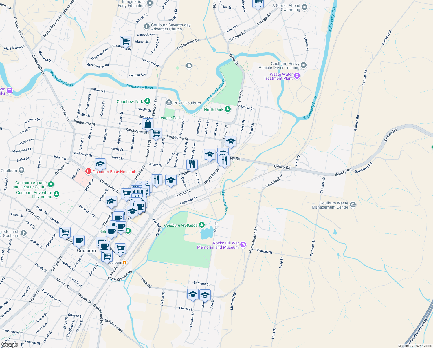map of restaurants, bars, coffee shops, grocery stores, and more near 21 Reynolds Street in Goulburn