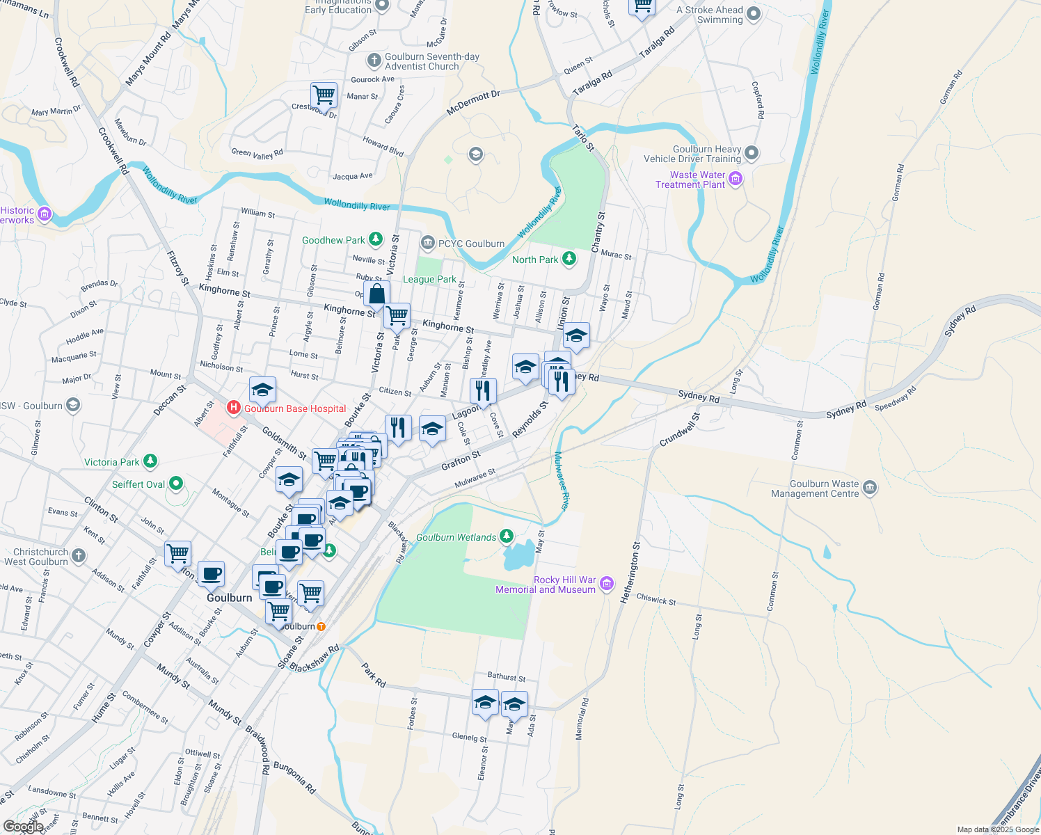 map of restaurants, bars, coffee shops, grocery stores, and more near 118 Reynolds Street in Goulburn
