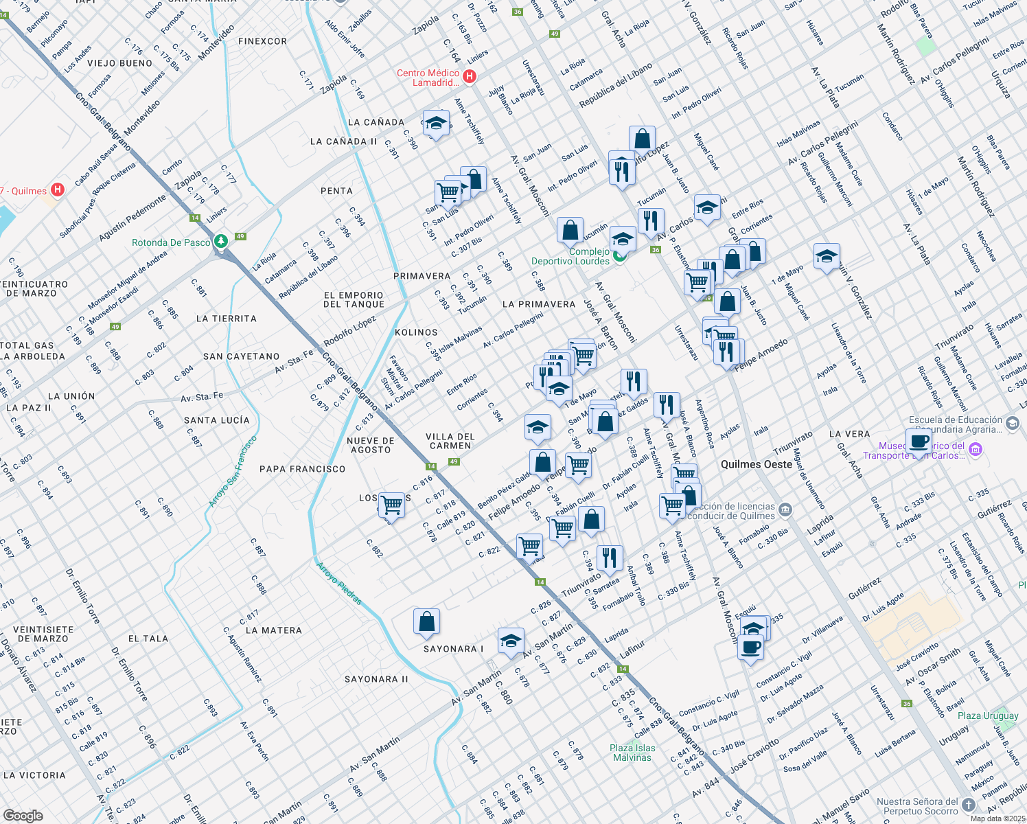 map of restaurants, bars, coffee shops, grocery stores, and more near 1575 Calle 393 in Quilmes Oeste