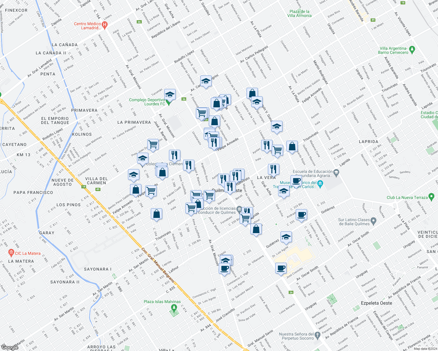 map of restaurants, bars, coffee shops, grocery stores, and more near 3154 Ayolas in Quilmes Oeste
