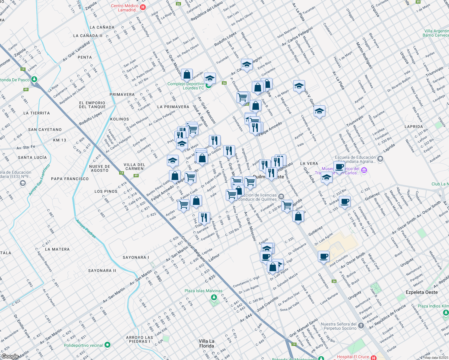 map of restaurants, bars, coffee shops, grocery stores, and more near in Quilmes Oeste