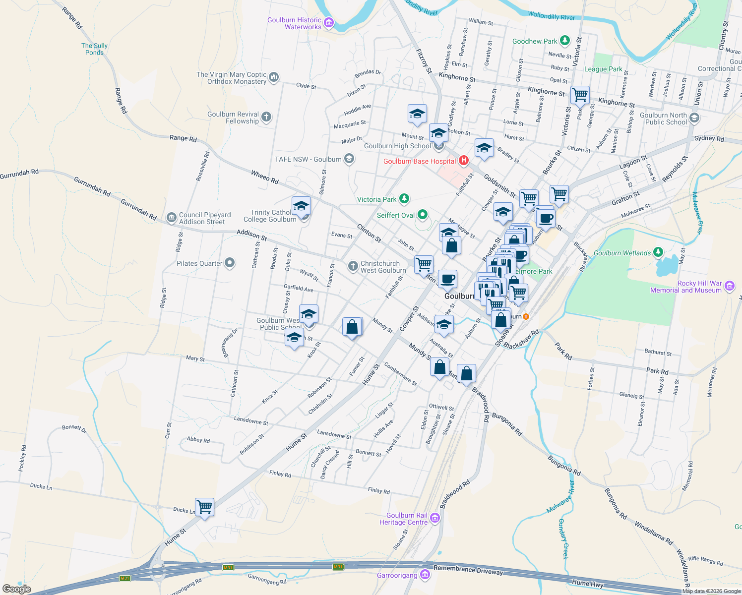 map of restaurants, bars, coffee shops, grocery stores, and more near 60 Faithfull Street in Goulburn