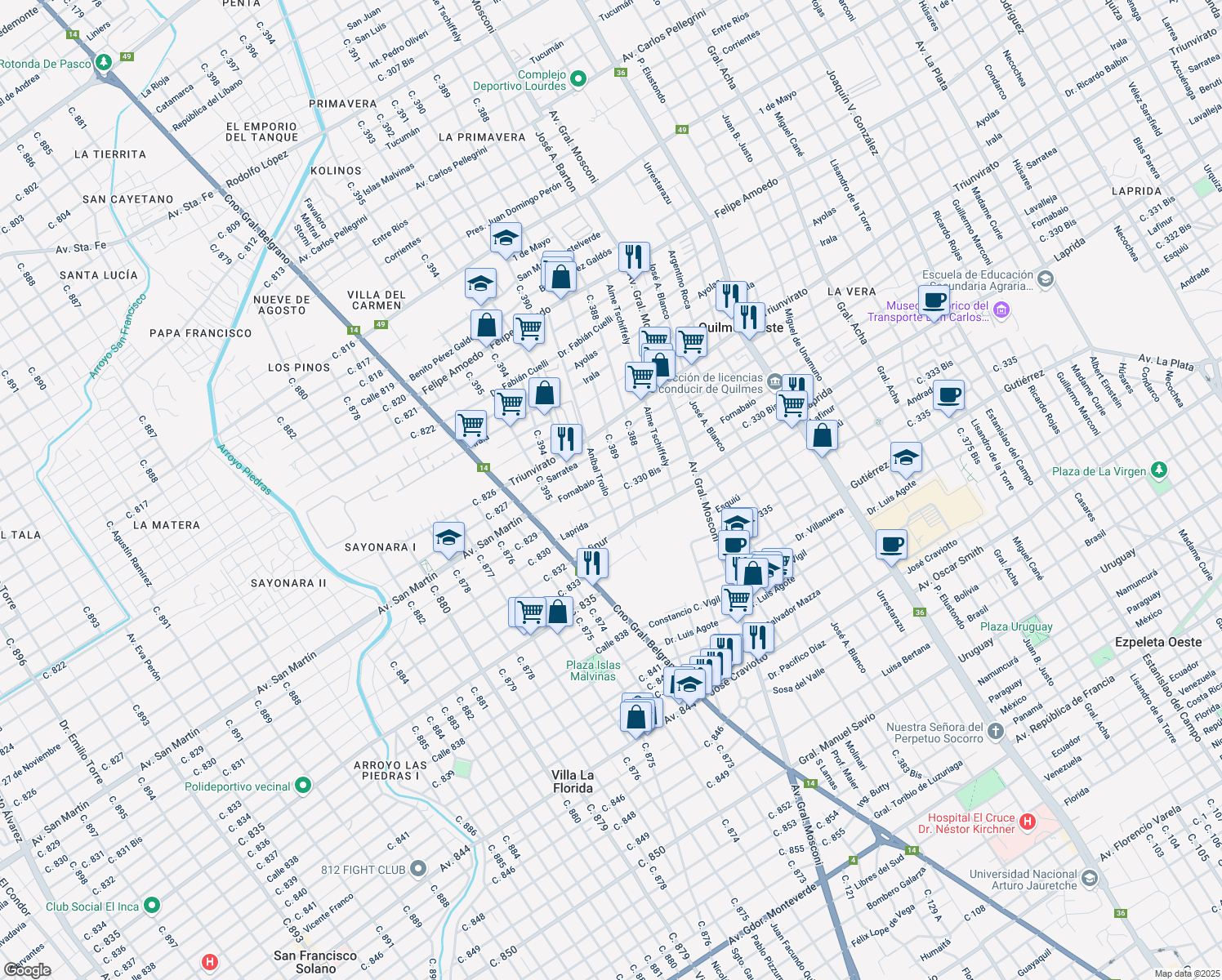 map of restaurants, bars, coffee shops, grocery stores, and more near 3967 Calle 330 Bis in Quilmes Oeste