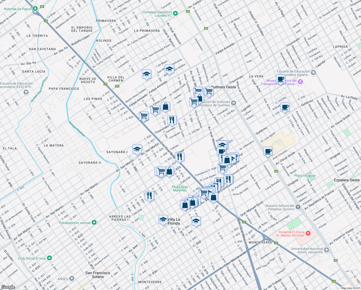 map of restaurants, bars, coffee shops, grocery stores, and more near 4296 Laprida in Quilmes Oeste