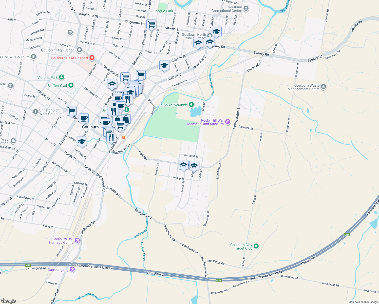 map of restaurants, bars, coffee shops, grocery stores, and more near 59 Eleanor Street in Goulburn