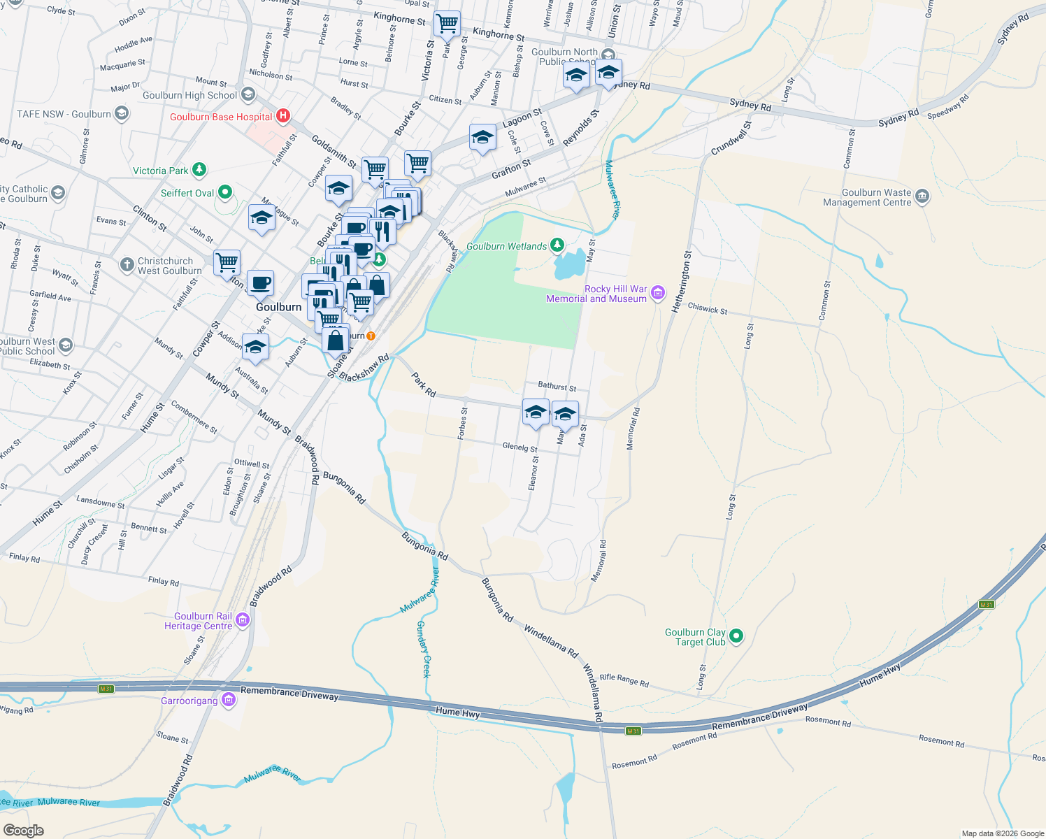 map of restaurants, bars, coffee shops, grocery stores, and more near 37 Emma Street in Goulburn