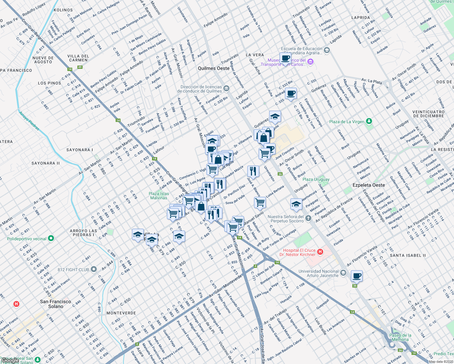 map of restaurants, bars, coffee shops, grocery stores, and more near 4045 Profesor Maier in Quilmes Oeste