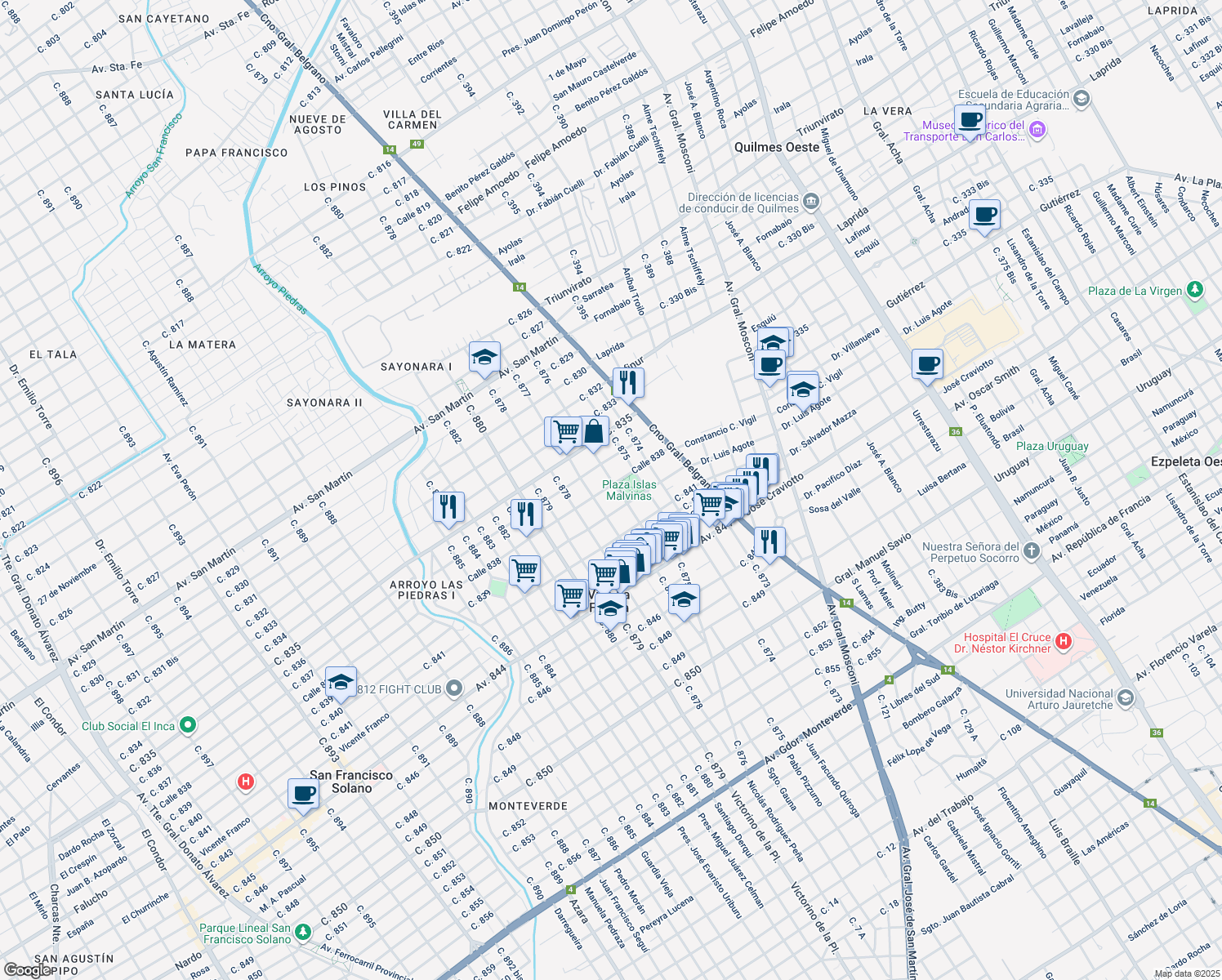map of restaurants, bars, coffee shops, grocery stores, and more near 620 Calle 838 in Villa la Florida
