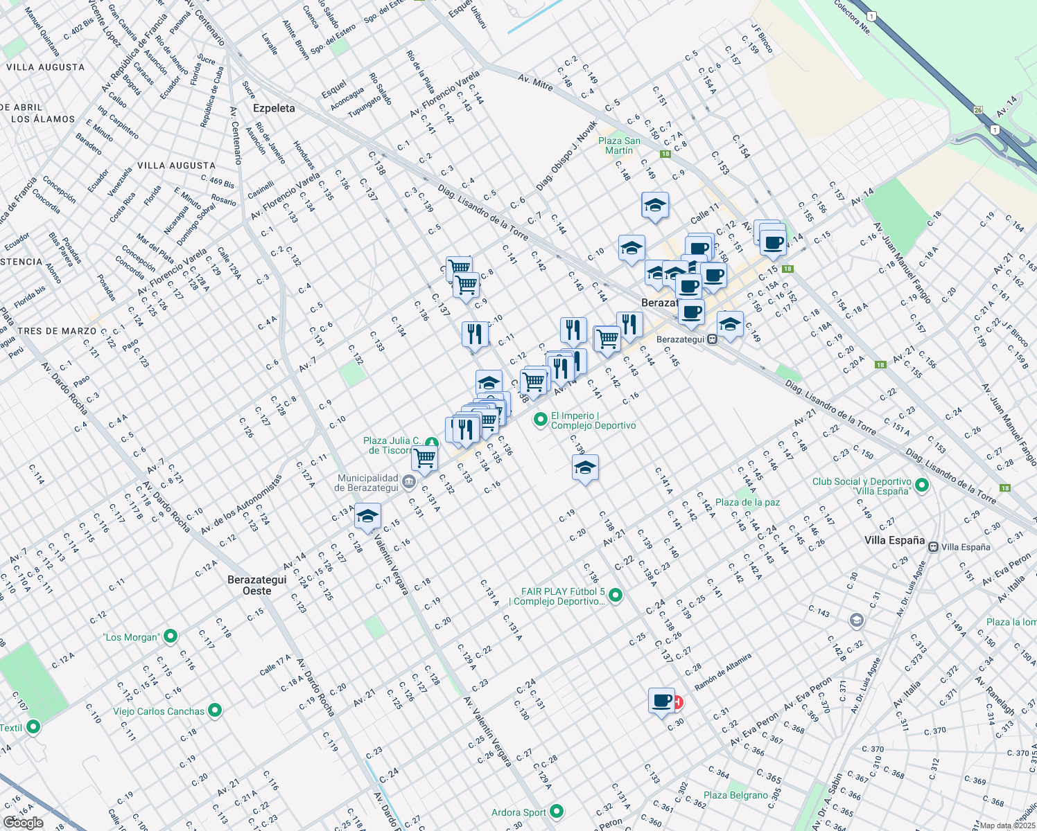 map of restaurants, bars, coffee shops, grocery stores, and more near 3730 Avenida Rigolleau in Berazategui