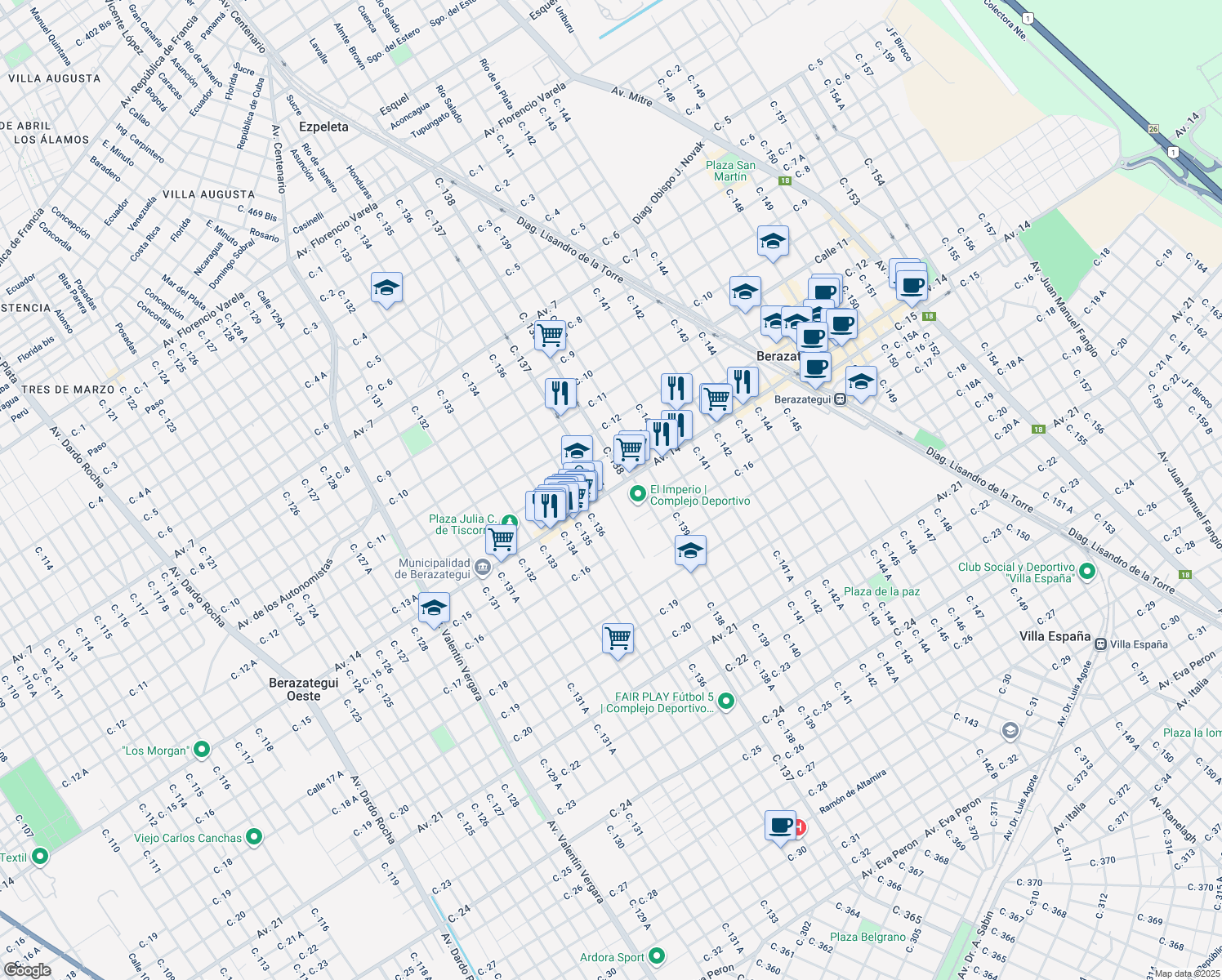 map of restaurants, bars, coffee shops, grocery stores, and more near 3730 Avenida Rigolleau in Berazategui