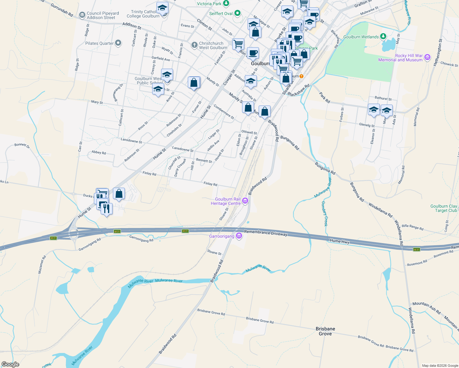 map of restaurants, bars, coffee shops, grocery stores, and more near 5 Finlay Road in Goulburn
