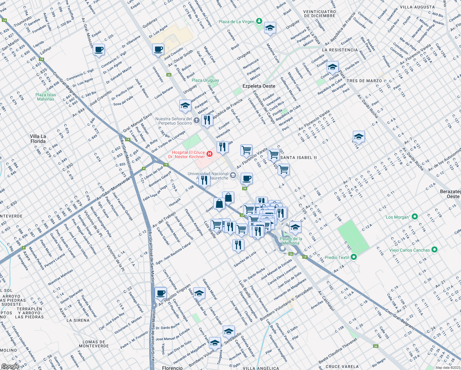 map of restaurants, bars, coffee shops, grocery stores, and more near 6200 Avenida Calchaquí in Florencio Varela