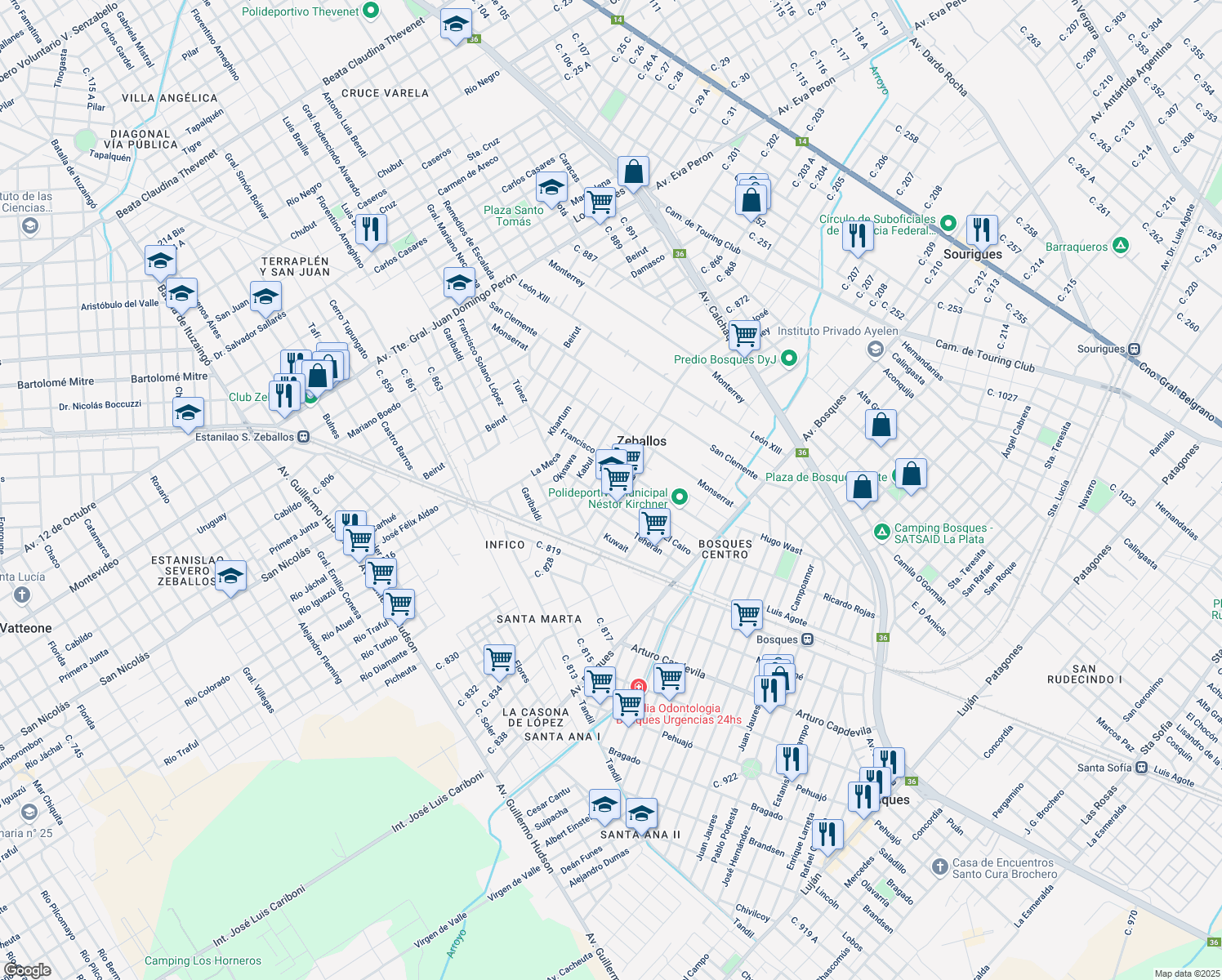map of restaurants, bars, coffee shops, grocery stores, and more near 1335 Calle 874 in Zeballos