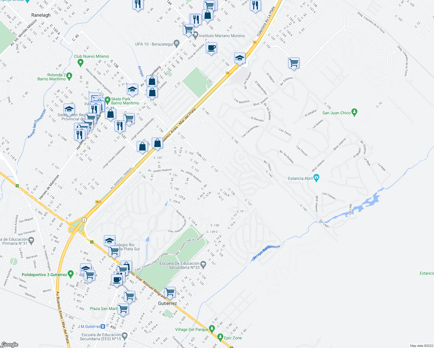 map of restaurants, bars, coffee shops, grocery stores, and more near 7400 Calle 137 in Guillermo Hudson