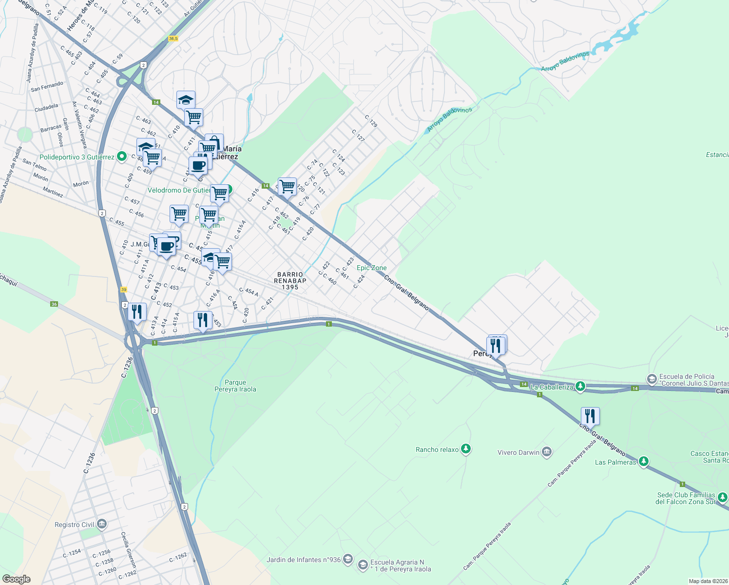 map of restaurants, bars, coffee shops, grocery stores, and more near 2465 Calle 461 in Juan María Gutiérrez