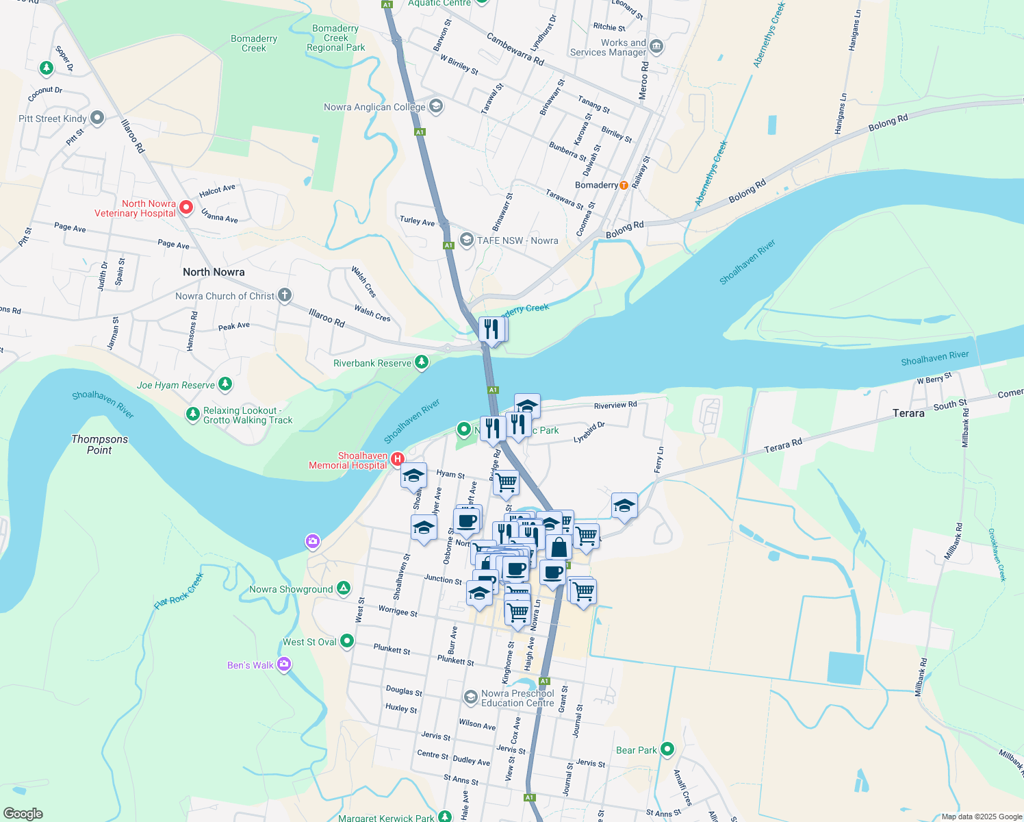 map of restaurants, bars, coffee shops, grocery stores, and more near 10 Wharf Road in Nowra
