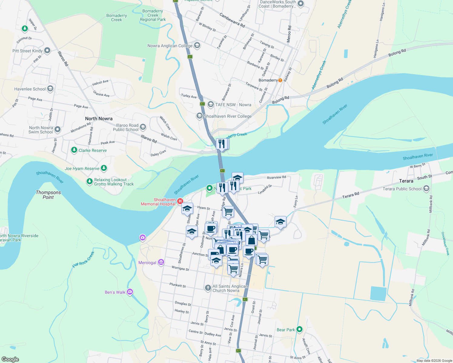 map of restaurants, bars, coffee shops, grocery stores, and more near 10 Wharf Road in Nowra