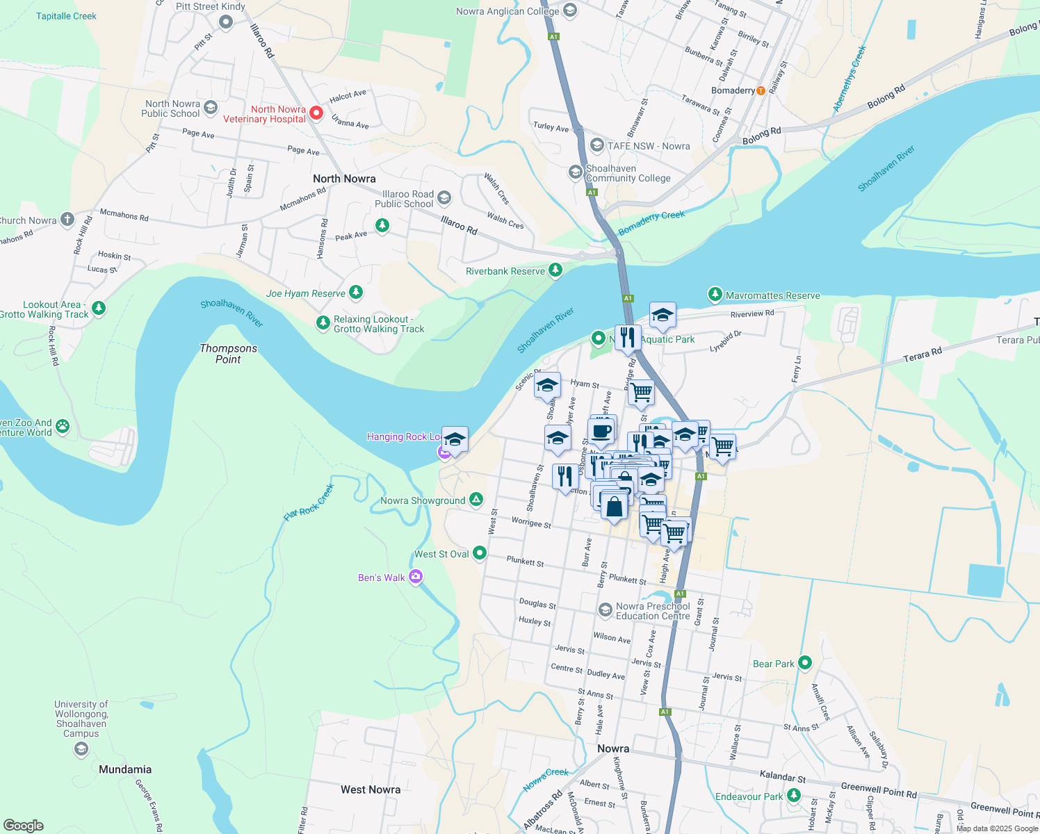 map of restaurants, bars, coffee shops, grocery stores, and more near North Street in Nowra