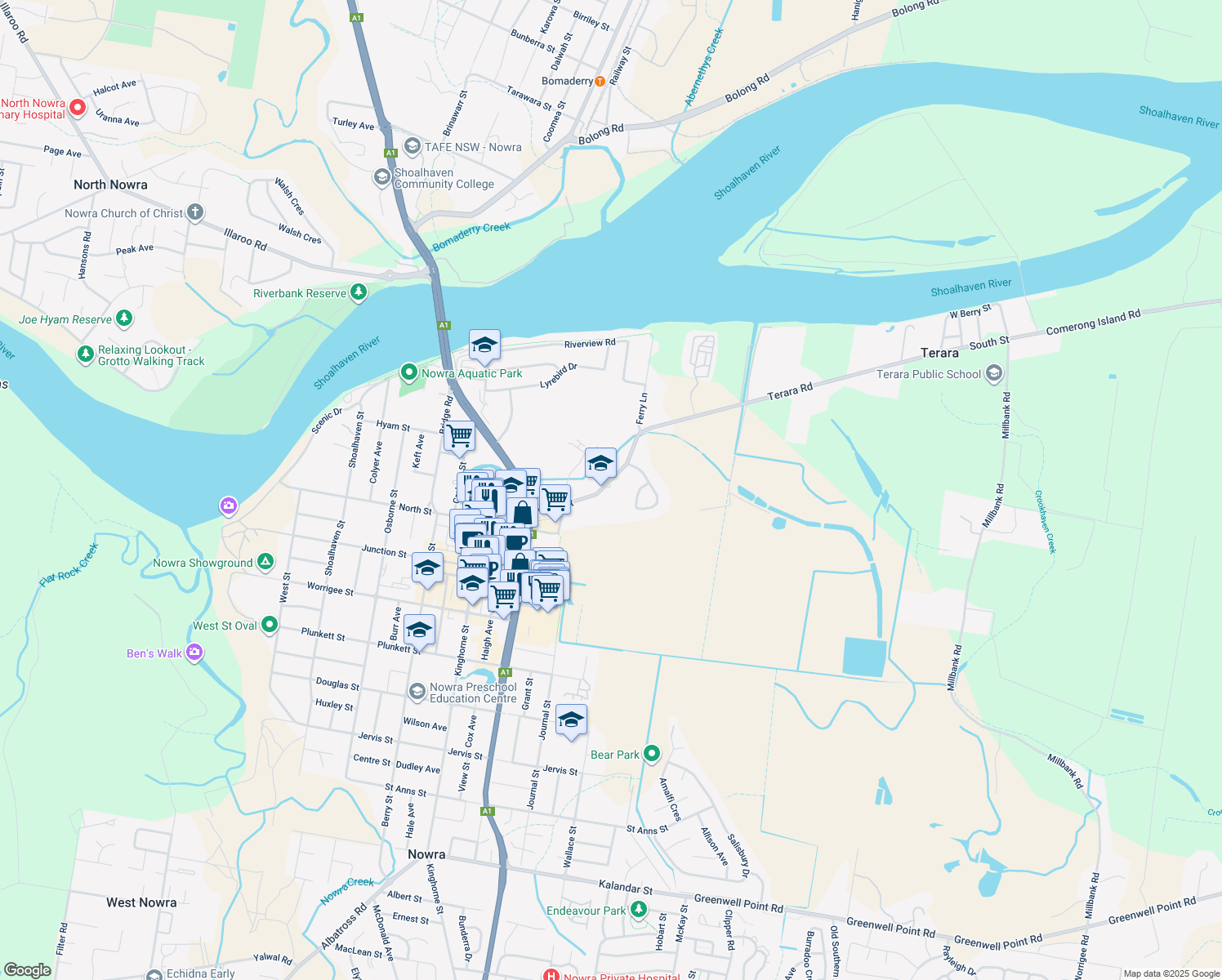 map of restaurants, bars, coffee shops, grocery stores, and more near 90 Moss Street in Nowra