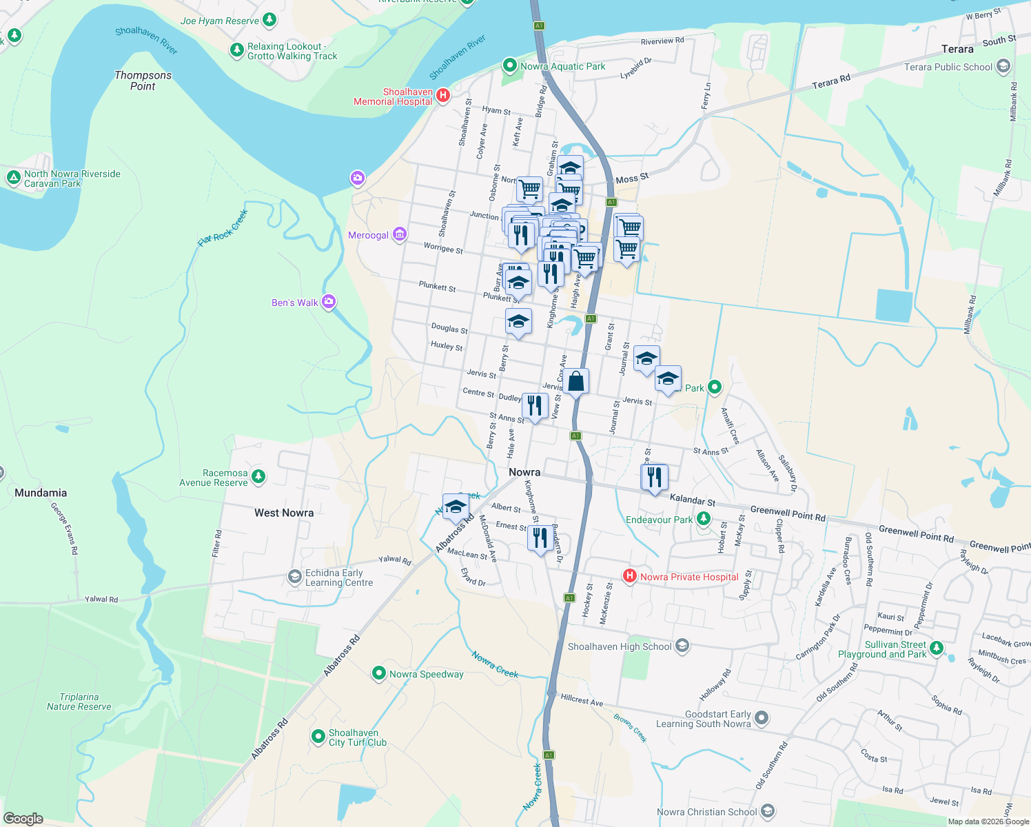map of restaurants, bars, coffee shops, grocery stores, and more near 51 Saint Anns Street in Nowra