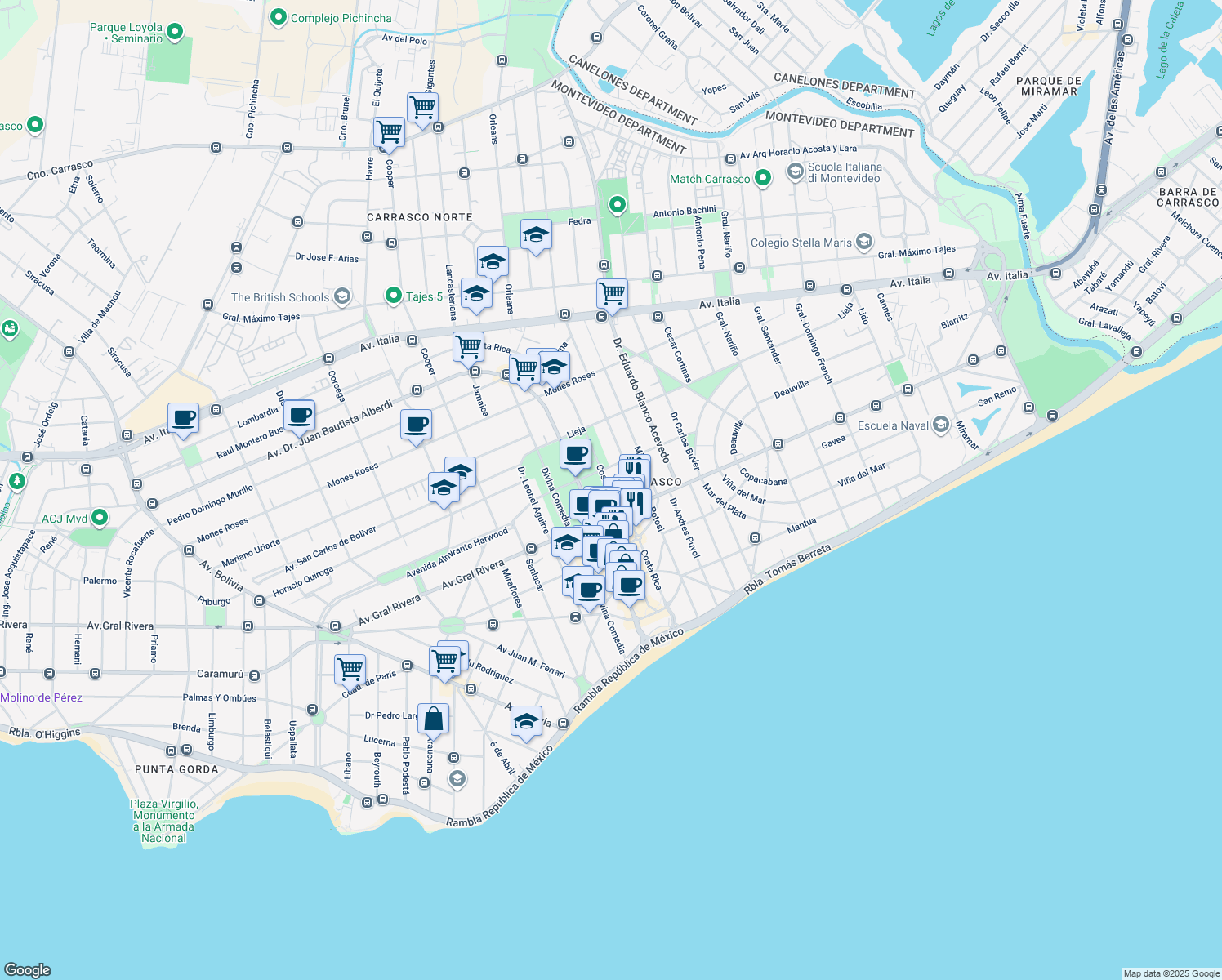 map of restaurants, bars, coffee shops, grocery stores, and more near 1720 Costa Rica in Montevideo