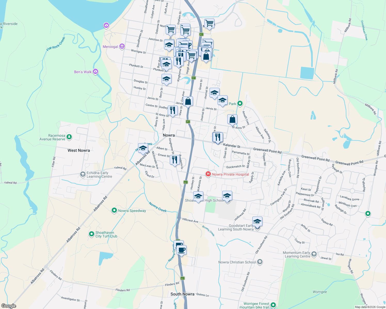 map of restaurants, bars, coffee shops, grocery stores, and more near 5 Jaycee Avenue in Nowra