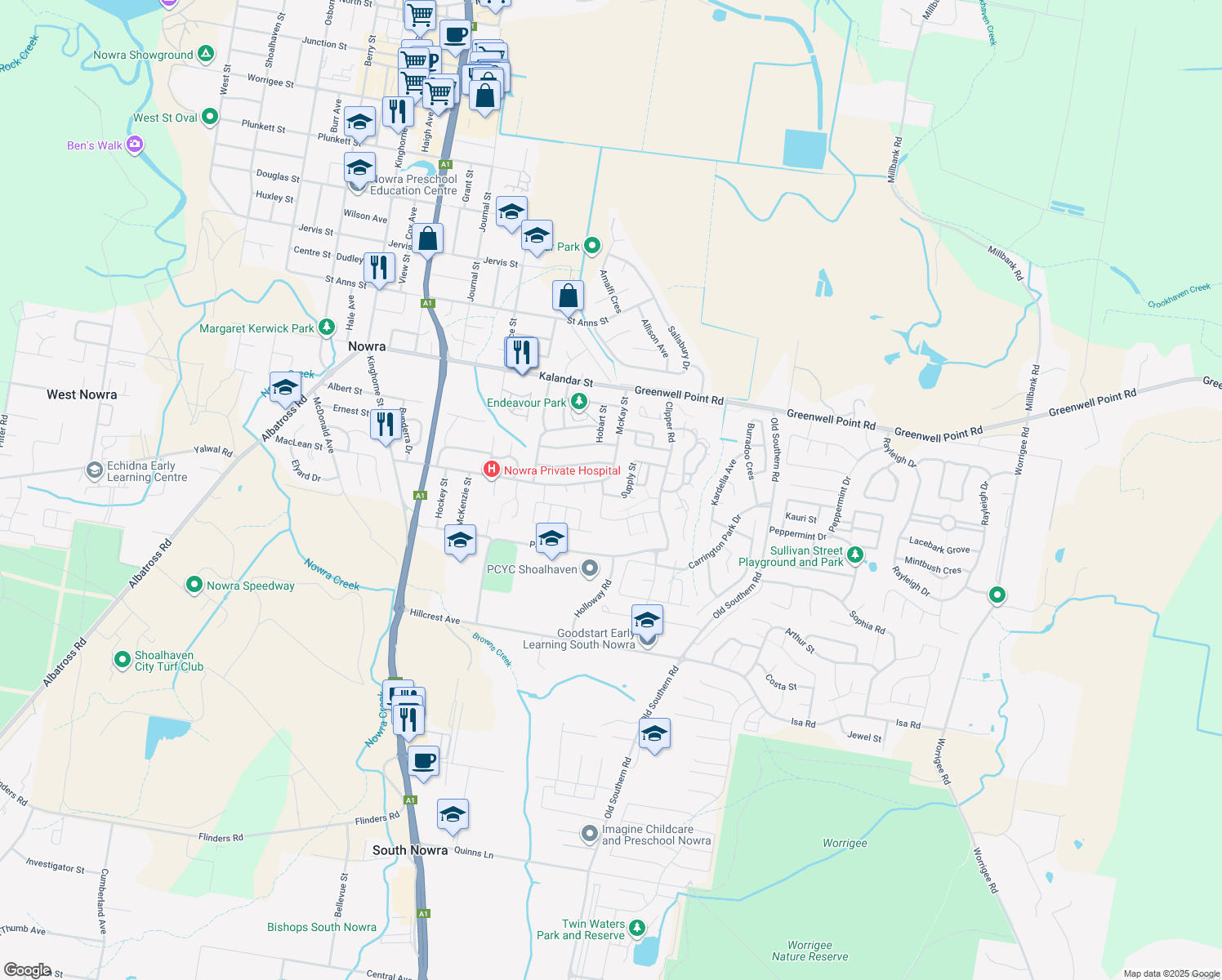 map of restaurants, bars, coffee shops, grocery stores, and more near 3 Supply Street in Nowra