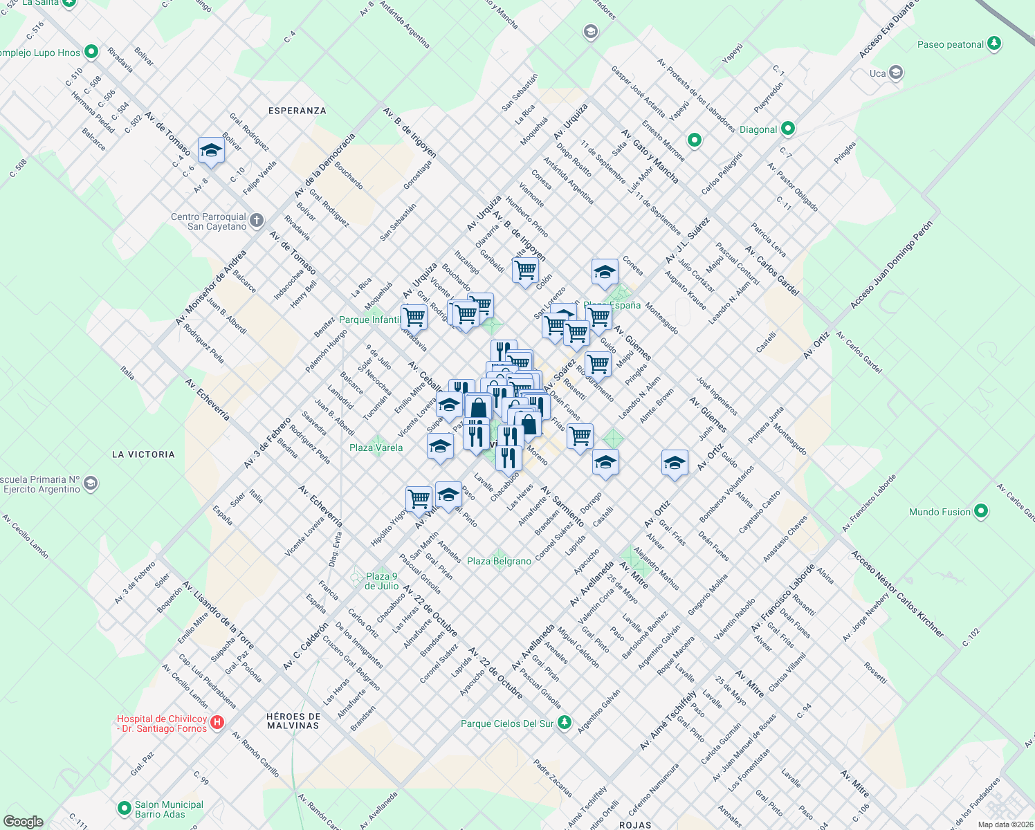 map of restaurants, bars, coffee shops, grocery stores, and more near 50 Avenida Soárez in Chivilcoy