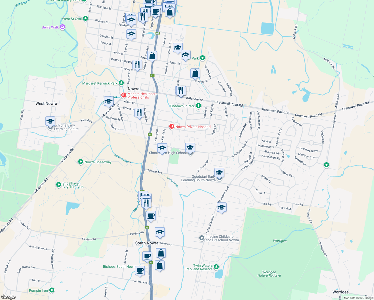 map of restaurants, bars, coffee shops, grocery stores, and more near Park Road in Nowra