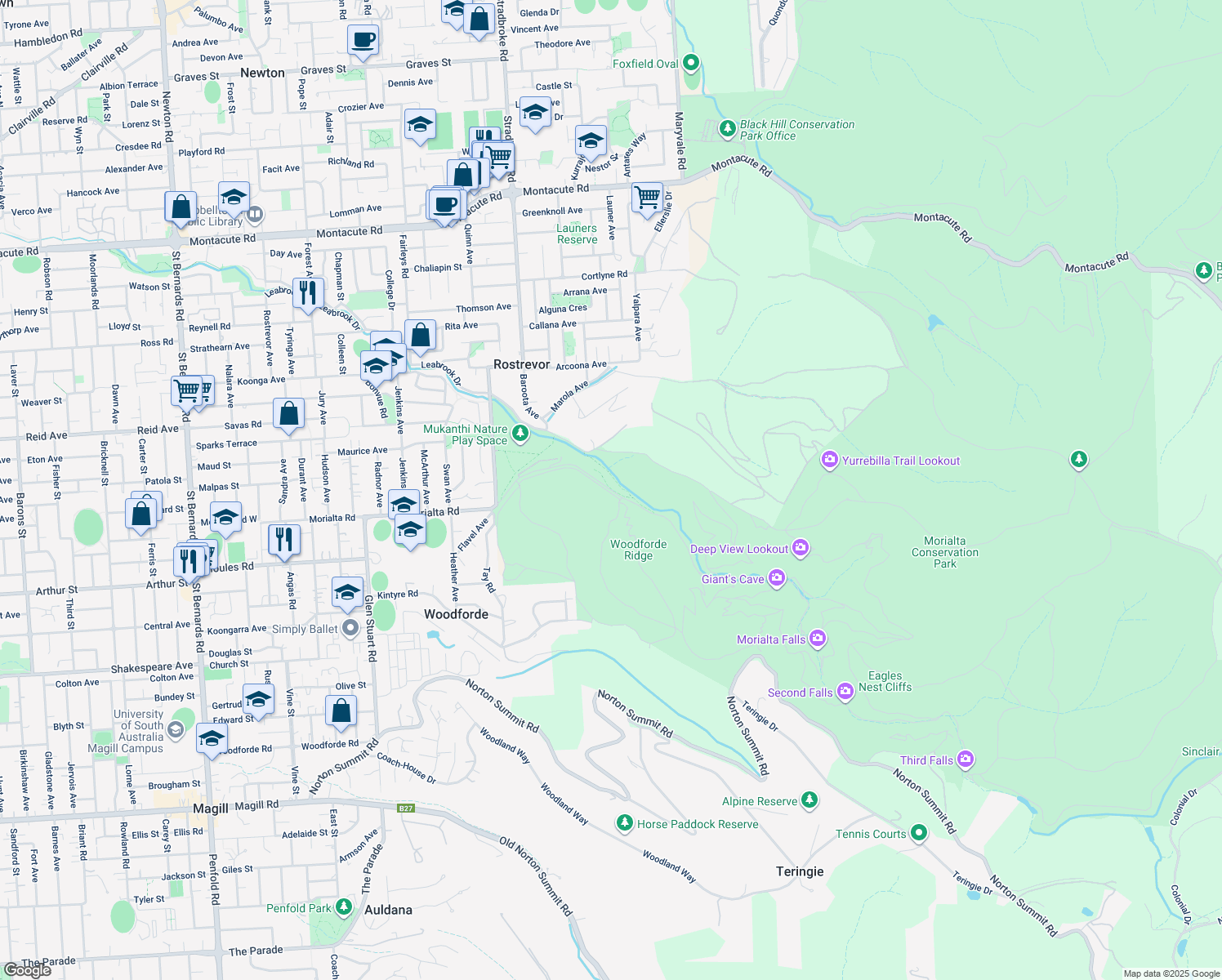map of restaurants, bars, coffee shops, grocery stores, and more near Morialta Falls Road in Woodforde