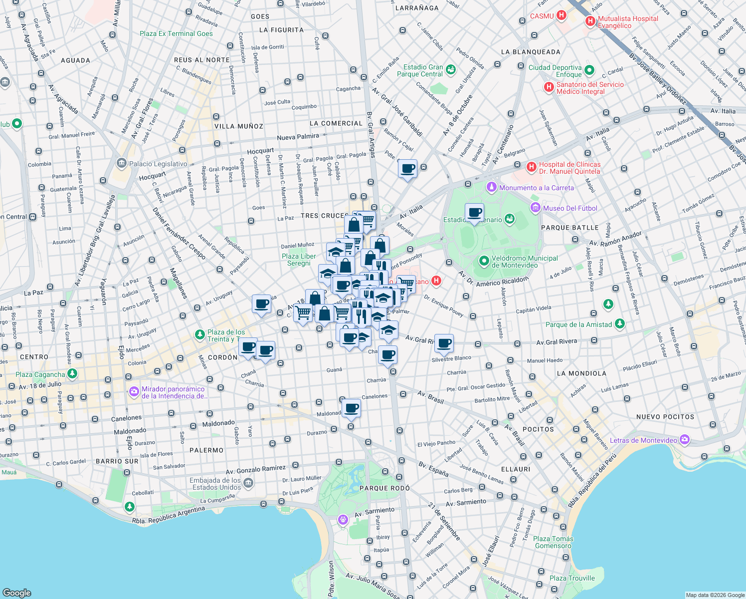 map of restaurants, bars, coffee shops, grocery stores, and more near 1494 Dr. Mario Cassinoni in Montevideo