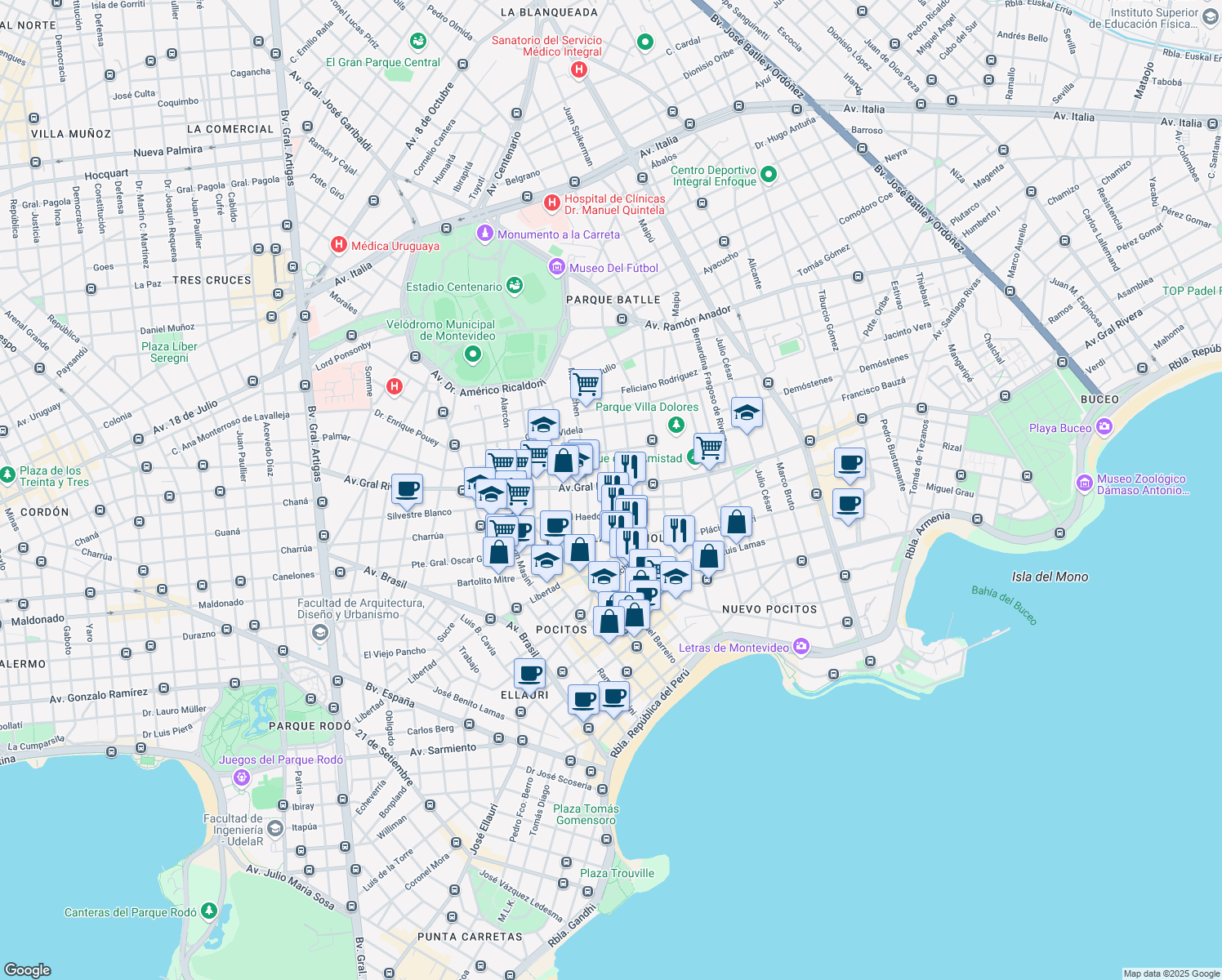 map of restaurants, bars, coffee shops, grocery stores, and more near 2235 14 de Julio in Montevideo