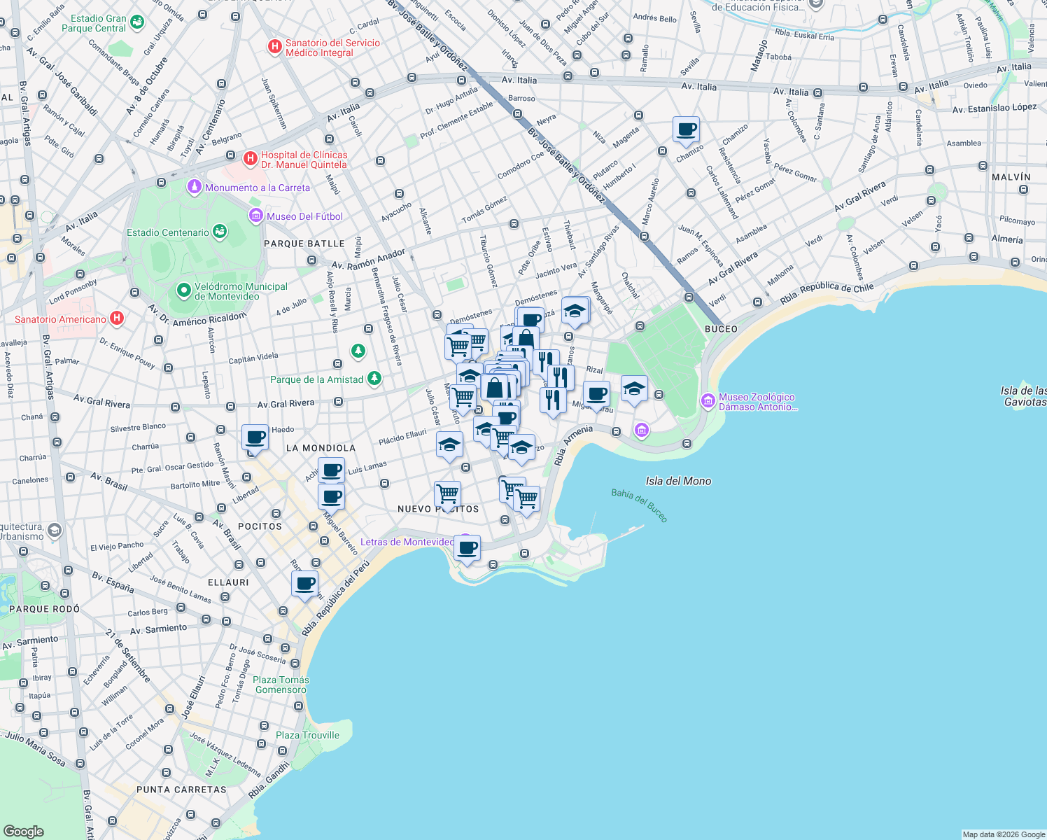 map of restaurants, bars, coffee shops, grocery stores, and more near 1266 Doctor Luis Bonavita in Montevideo