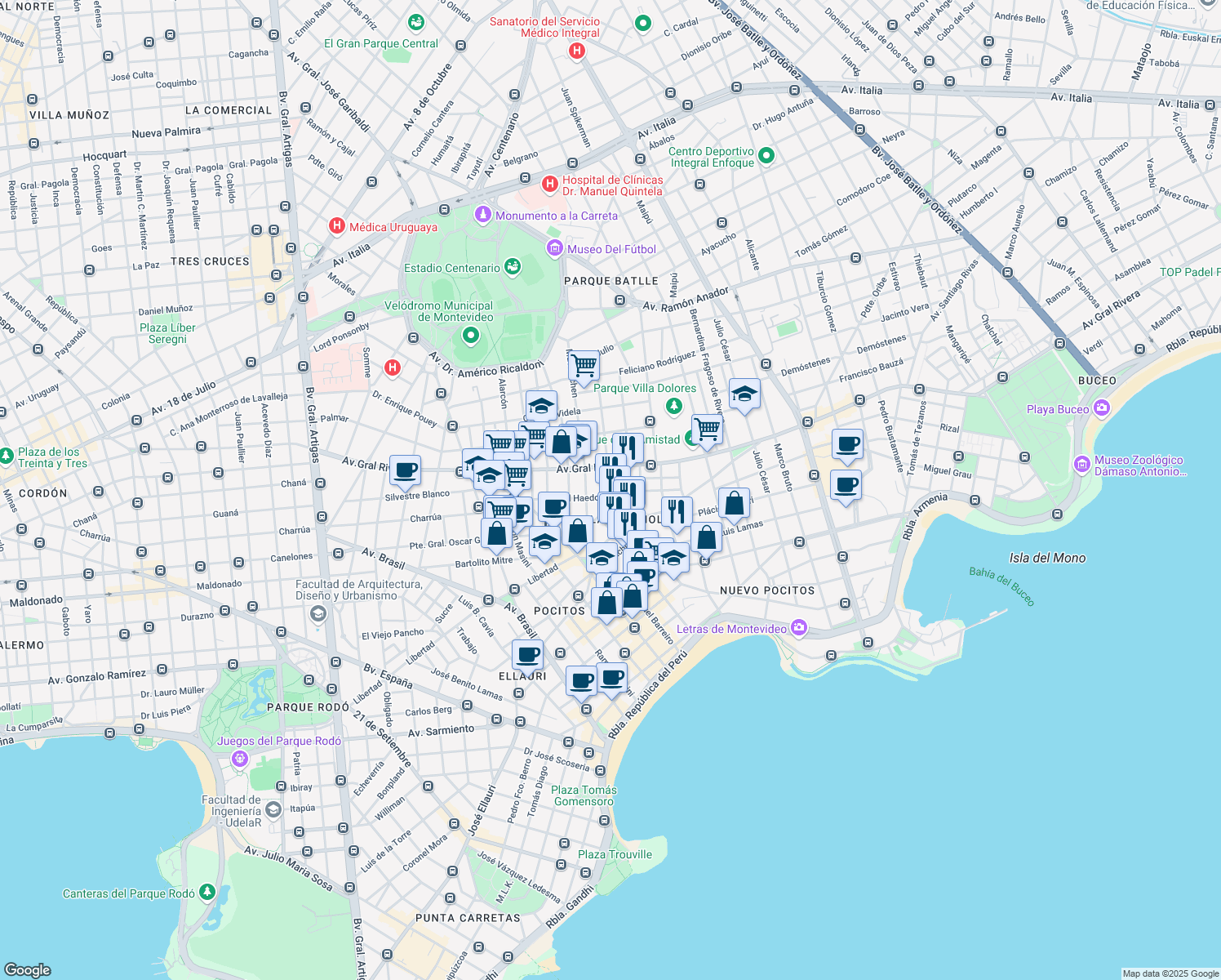 map of restaurants, bars, coffee shops, grocery stores, and more near 2235 14 de Julio in Montevideo
