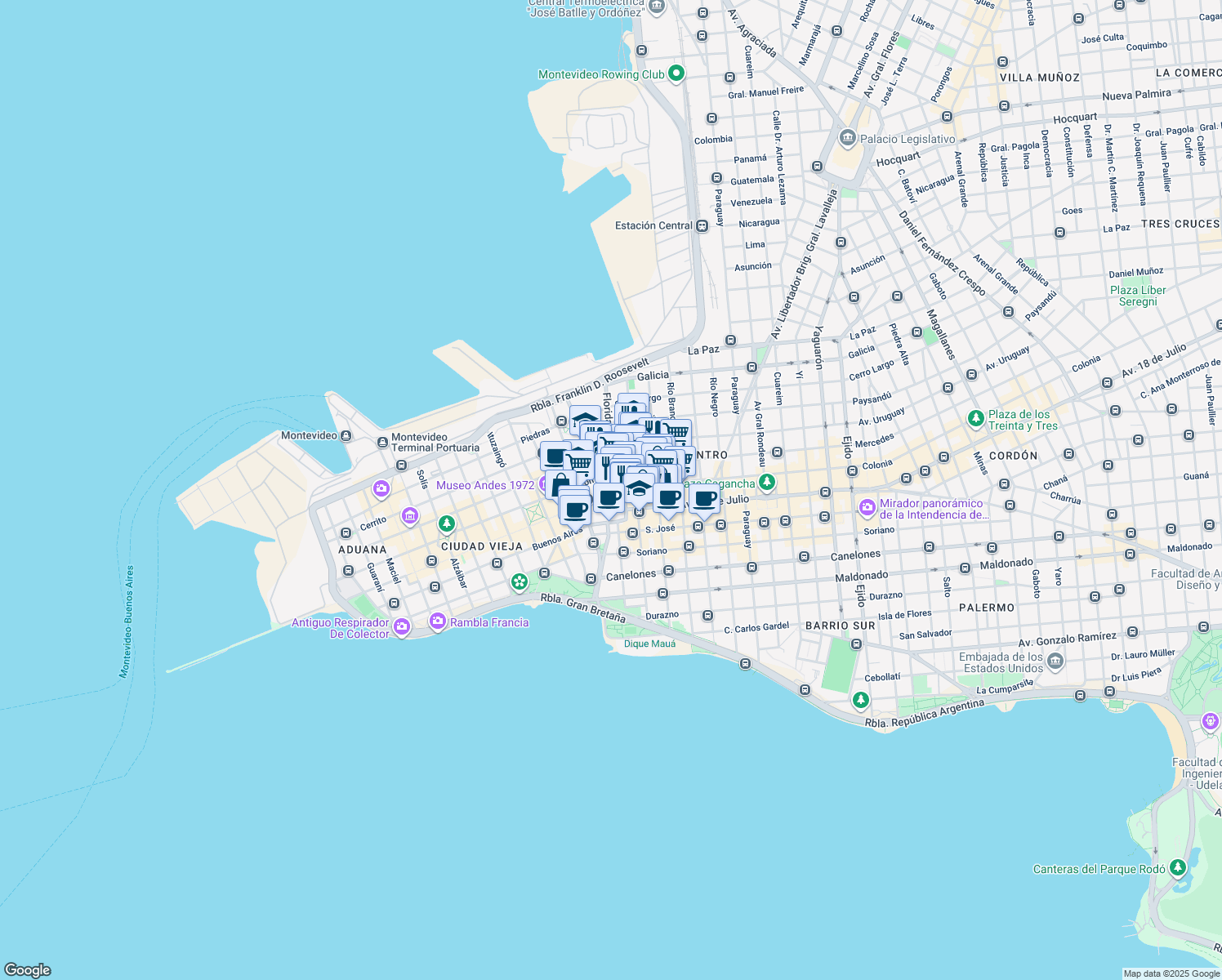 map of restaurants, bars, coffee shops, grocery stores, and more near 753 Plaza Independencia in Montevideo