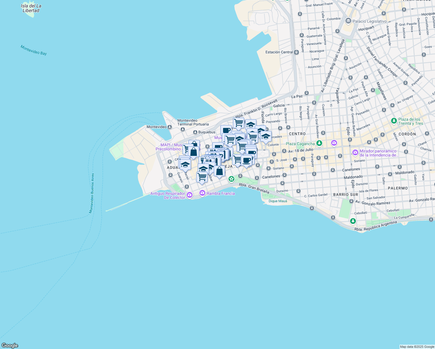 map of restaurants, bars, coffee shops, grocery stores, and more near Buenos Aires in Montevideo