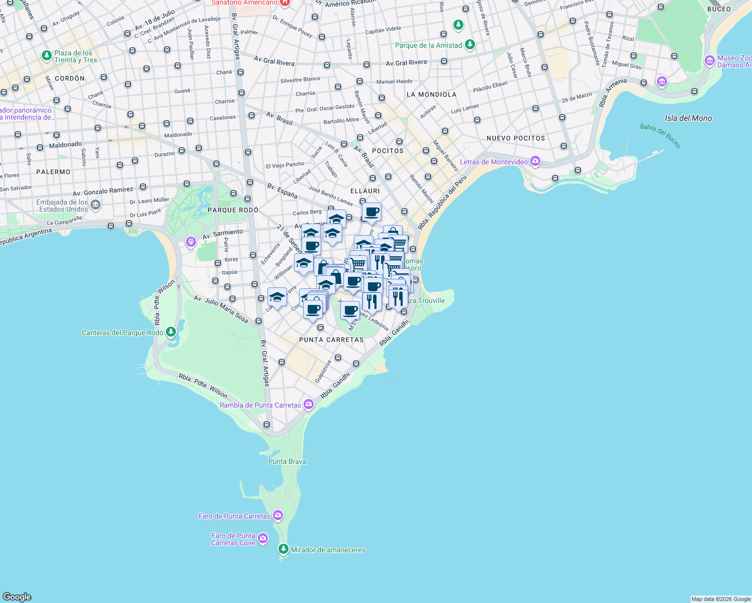 map of restaurants, bars, coffee shops, grocery stores, and more near 720 Roque Graseras in Montevideo